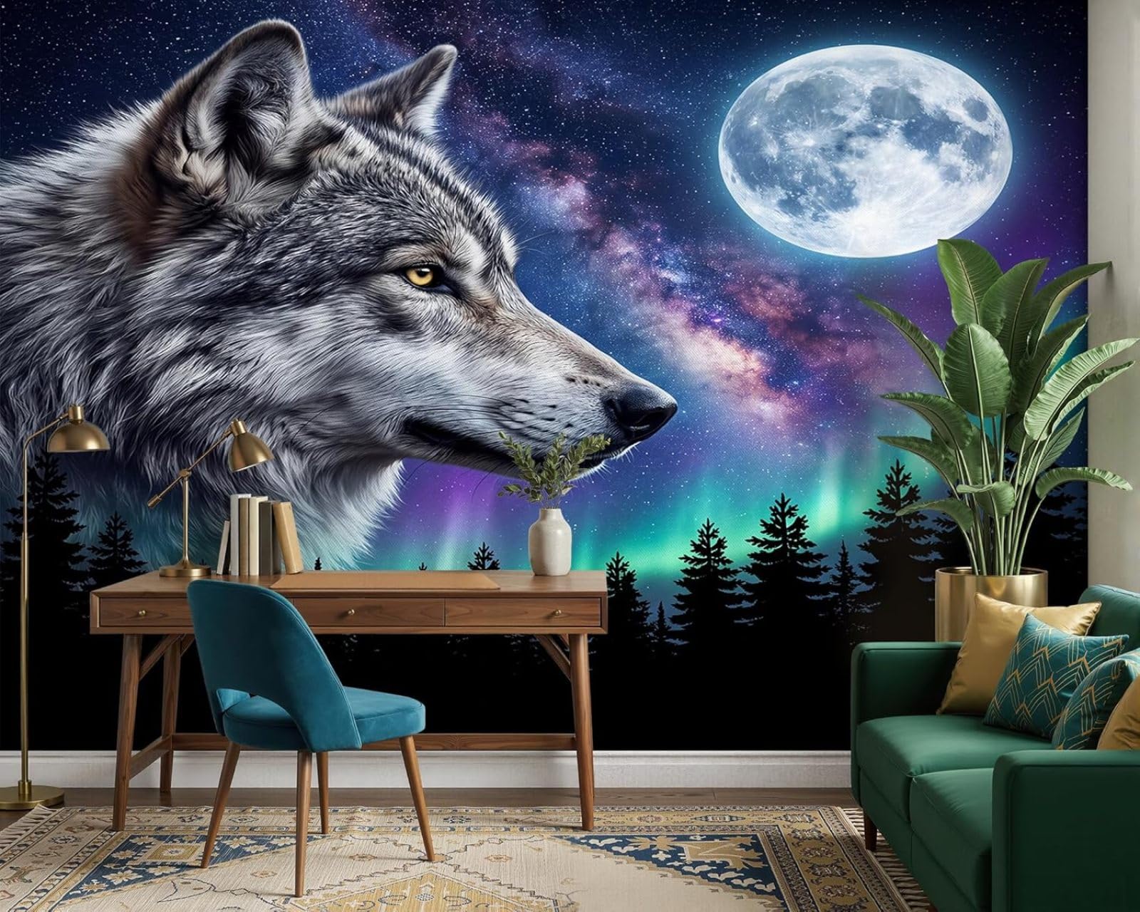 Hgjdjhnf 3D Mural Wolf Photo Wallpaper, Starry Sky, Galaxy, Northern Lights, Forest, 3D Modern Wall Mural For Living Room, Bedroom, Children's Room, Motif Wallpaper, 300Cm X 210Cm, Wall Sticker - Background Wall - Pain