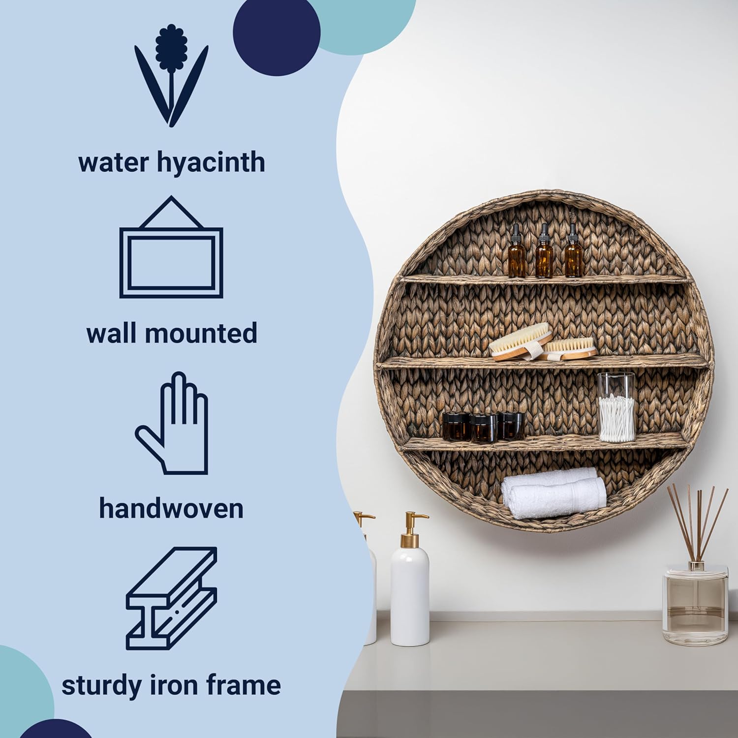 happimess WRK1000B Annulus 24.61" 3-Shelf Circular Handwoven Hyacinth Wall Rack, Bright Brown for Storage and Decoration in Bathroom, Bedroom, Living Room