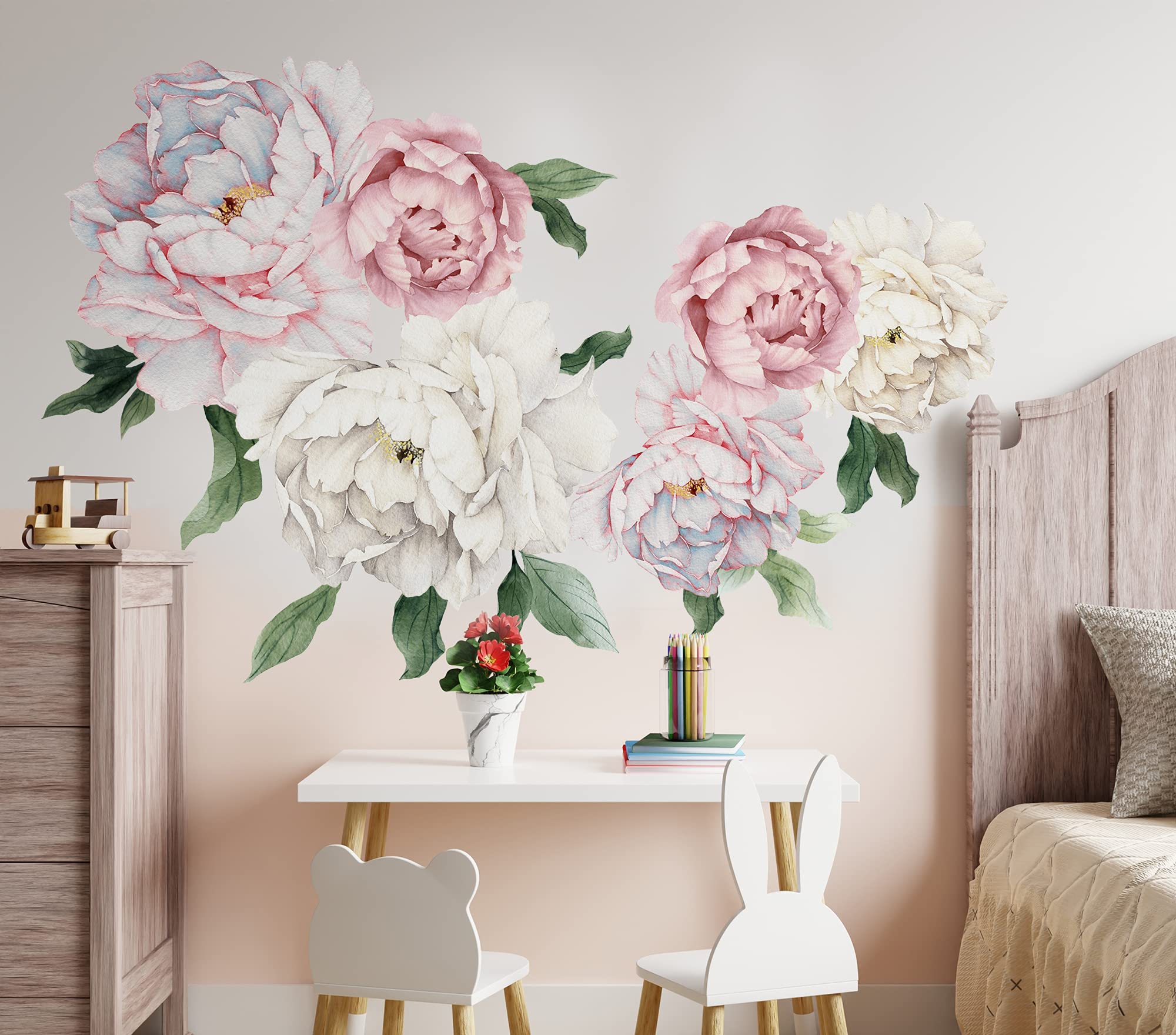 Murwall Peony Wall Decal Large Peonie Wall Sticker Kids Flower Wall Decals Watercolor Floral Removable Peel n Stick for Kids Livingroom