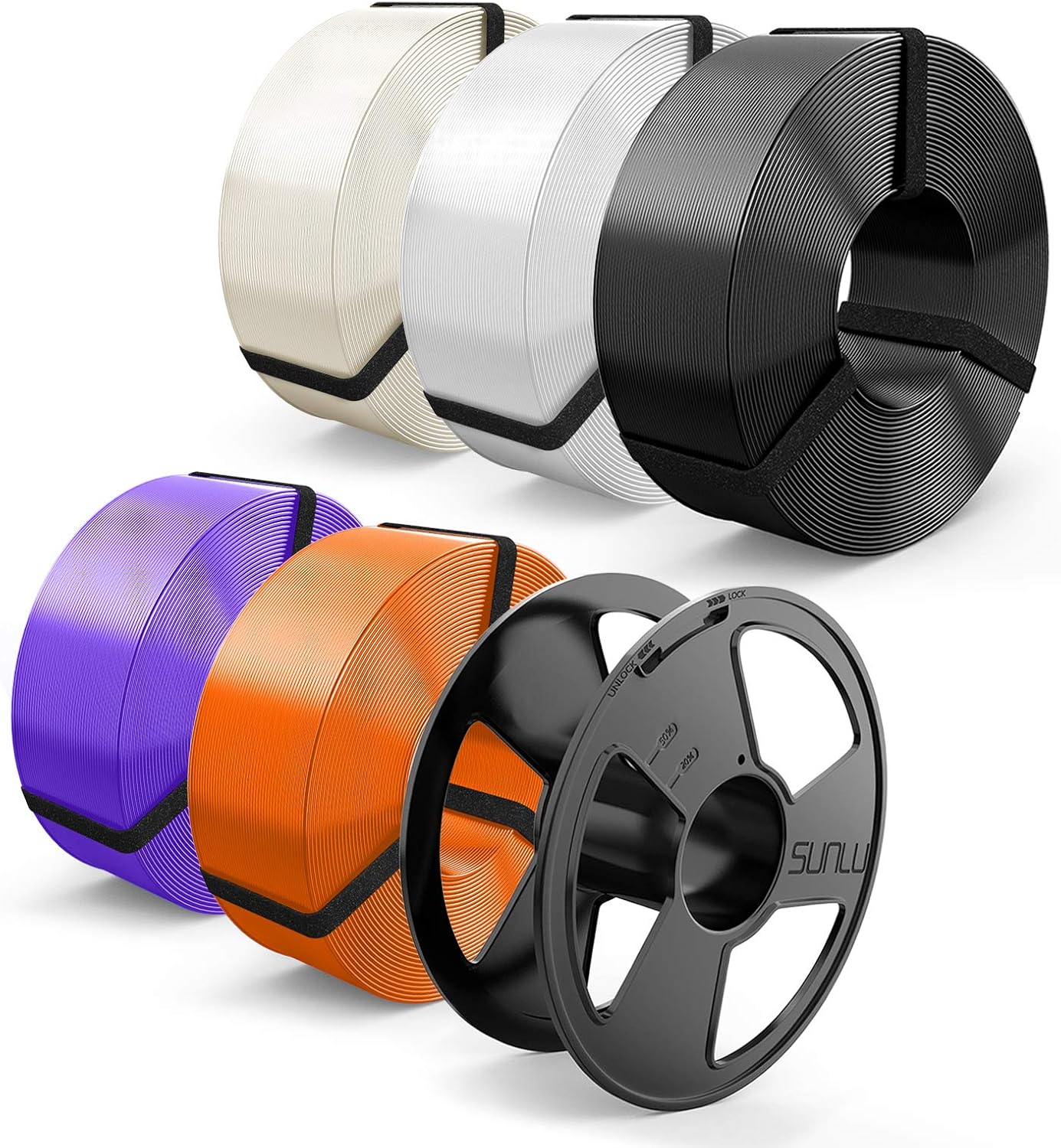 SUNLU PLA Filament 1.75mm, PLA 3D Printer Filament, Reusable MasterSpool, Dimensional Accuracy +/- 0.02mm, PLA 5kg, 1kg Spool, 5 Pack, Black+White+Transparent+Orange+Purple
