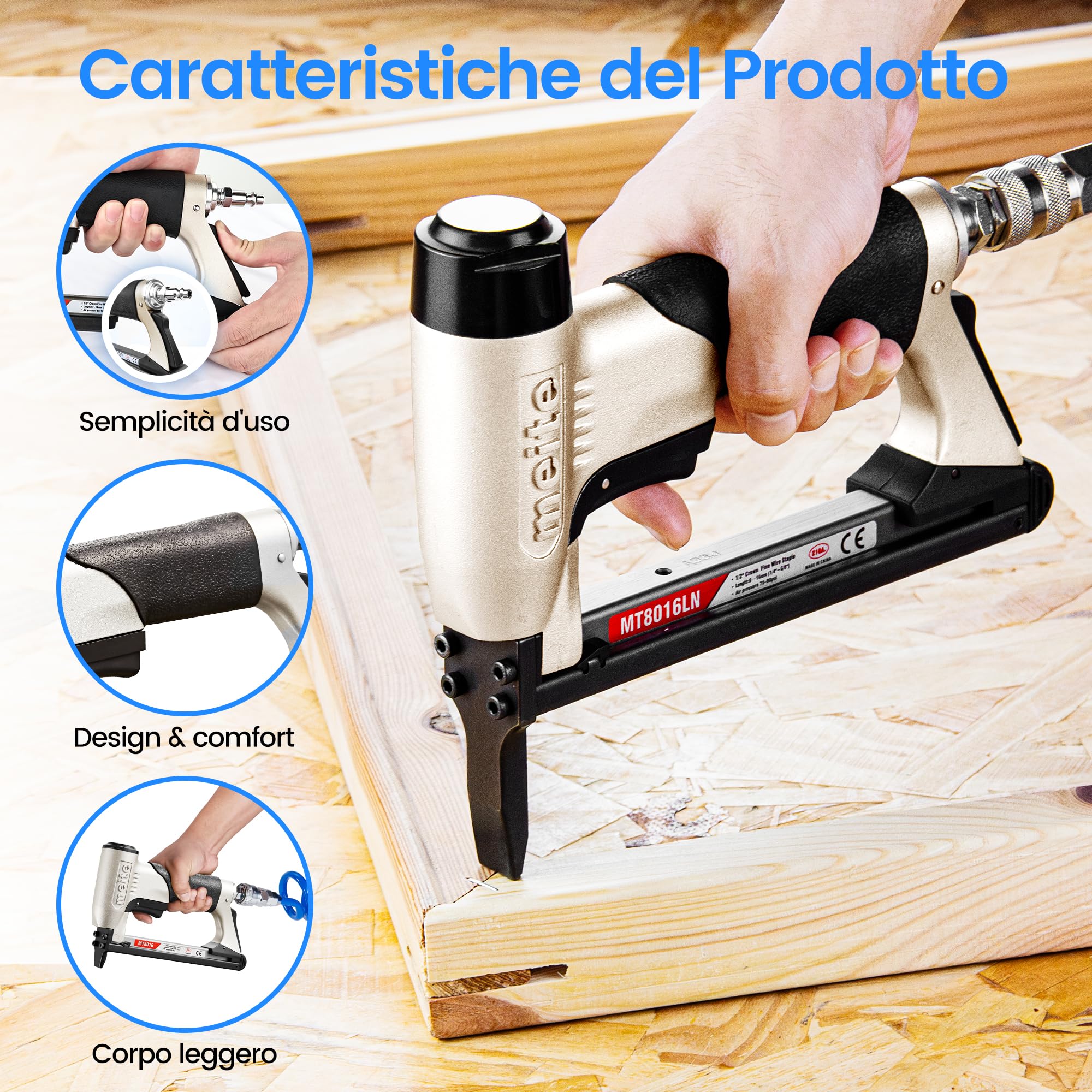 meite MT8016LN Graffettatrice Pneumatica a Naso Lungo, Sparachiodi ad Aria Compressa per Tappezzeria e Lavorazione del Legno, 21GA Tipo 80, Graffette 6–16 mm per Falegnameria e Fai da Te
