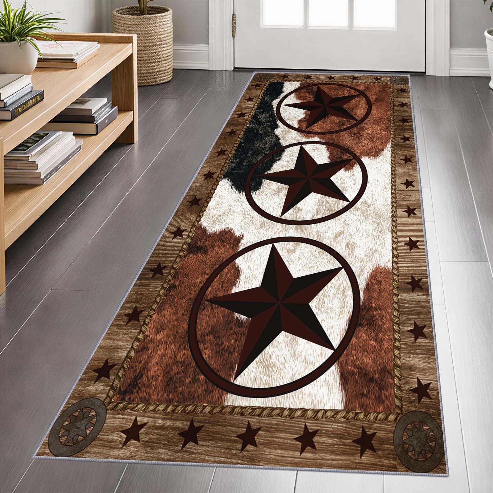 Western Carpet Runner 120x360cm, Western Texas Star Runner Rug for Hallway, Brown Rustic Long Carpet, Machine Washable Rug for High Traffic Areas in Hallway