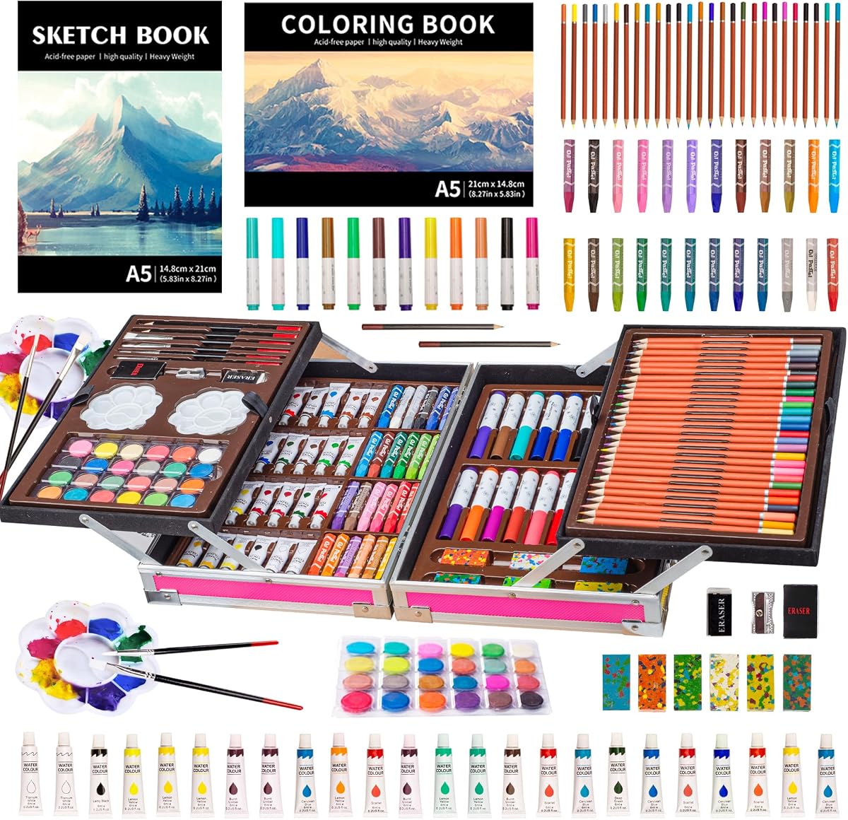 Art Set, 139 Pack Painting Drawing Art Supplies Kit with 2 Sketch Pads, Double Layers Art Crafts, Colored Pencils, Oil Pastels, Watercolor Paints, Aluminum Gift Case for Artists Kids (Pink) | Art Supplies Case with 1 Sketchbook & 1 Coloring Book, Art Box for Beginners, Teens, Girls, Boys 4 5 6 7 8 9 10 11 12