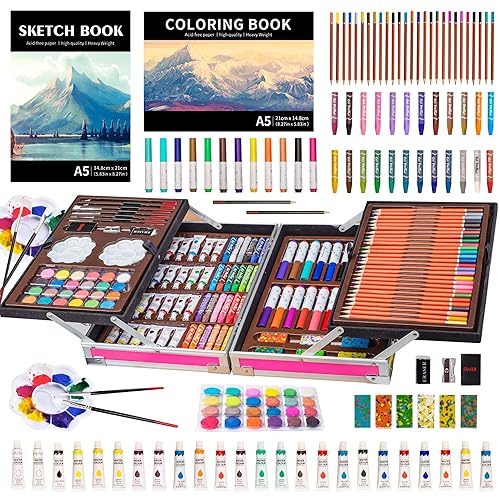 KINSPORY Art Set, 139 Pack Painting Drawing Art Supplies Kit with 2 Sketch Pads, Double Layers Art Crafts, Colored Pencils, Oil Pastels, Watercolor Paints, Aluminum Gift Case for Artists Kids (Pink)