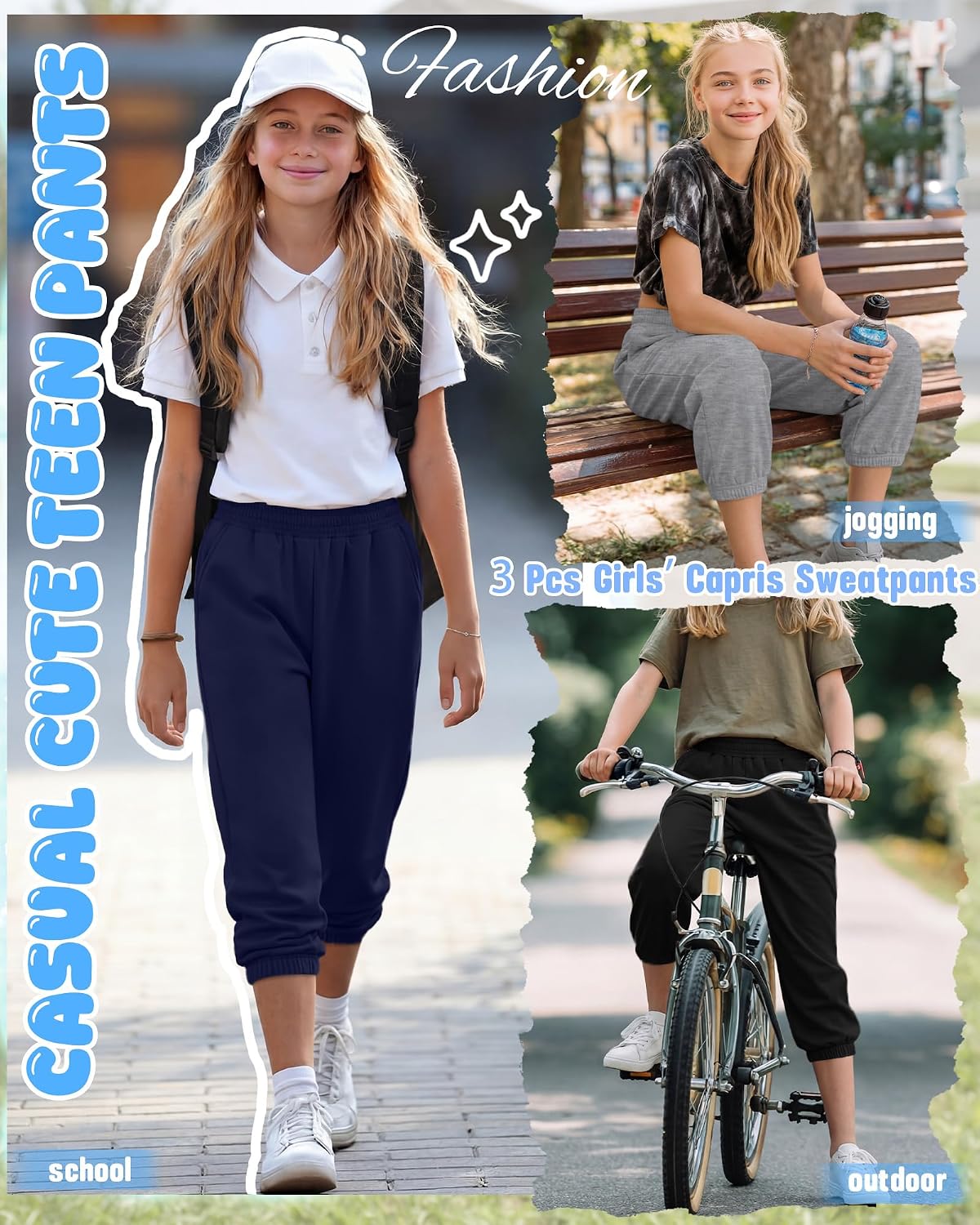 3 Pcs Girls' Capris Sweatpants 5-14Y Kids Cropped Elastic Waist Joggers with Pockets Teens Summer Casual Cute Pants