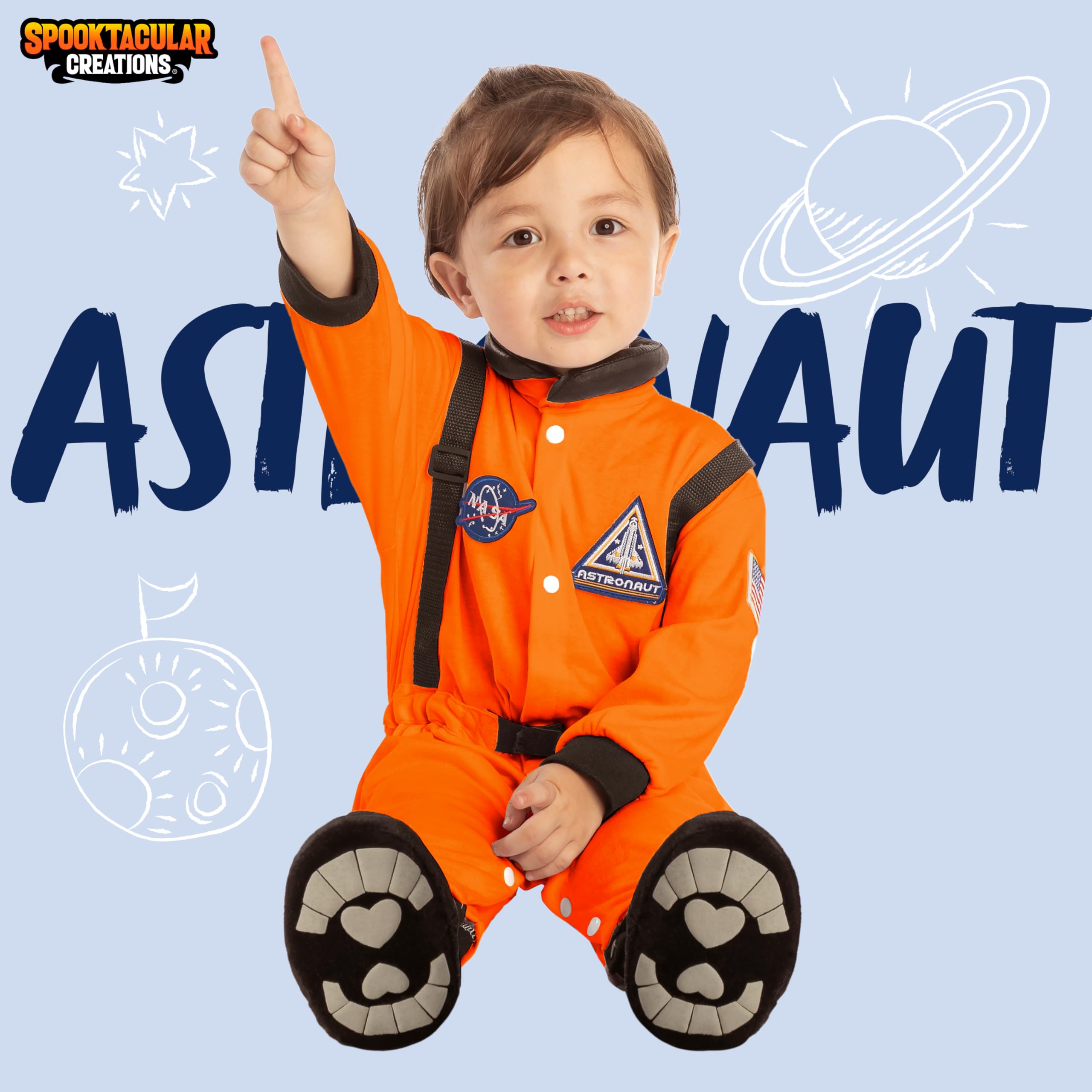 Spooktacular Creations Toddler Halloween Astronaut Costume, Baby OrangeJumpsuit, Pilot Costume with Boots for Infant Roleplay, Dress-Up, Career Themed Party (Large (18-24 Mos))