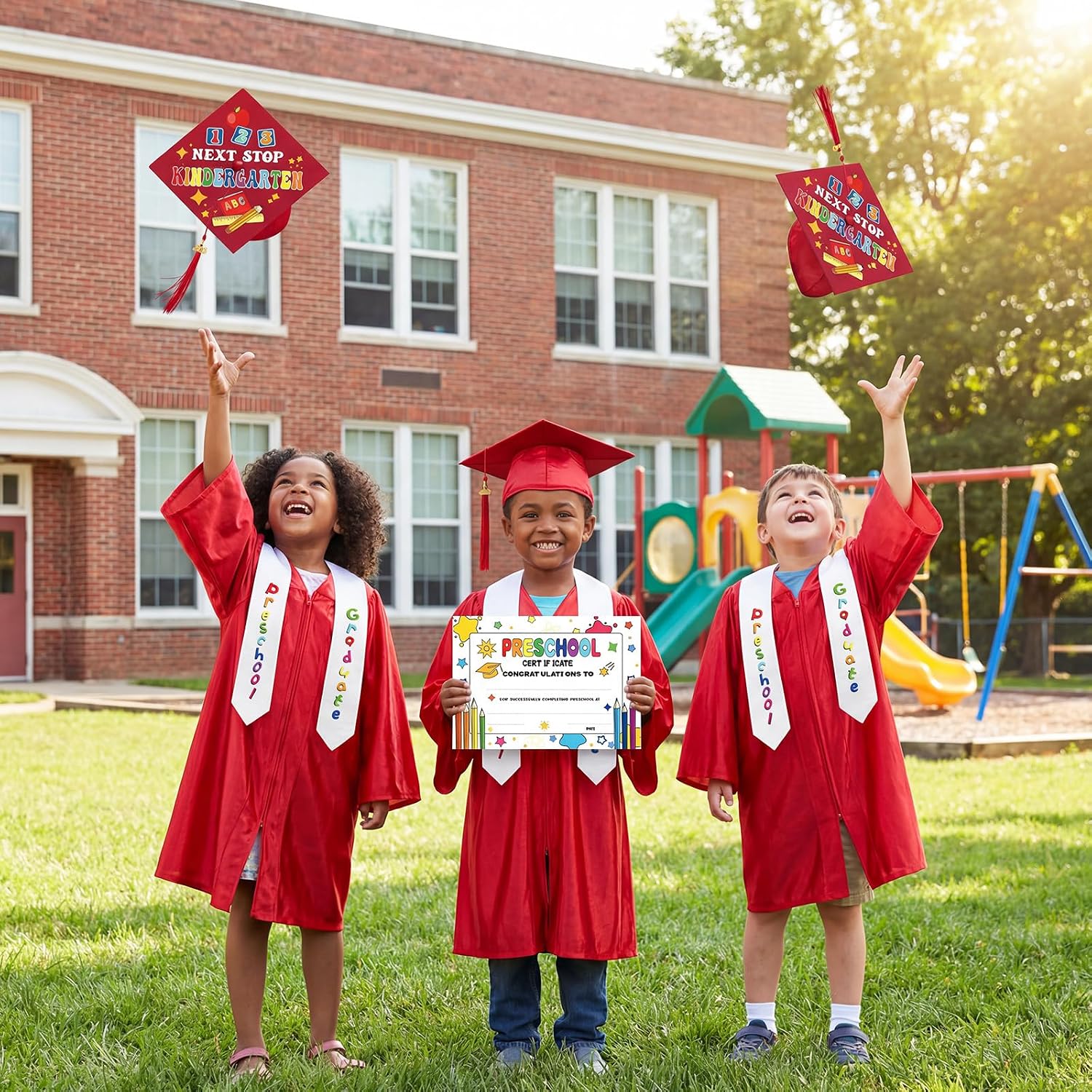 Bokon 4 Pcs 2026 Kindergarten Preschool Graduation Cap and Gown with Tassel Graduation Stole and Certificate for Toddler Kids