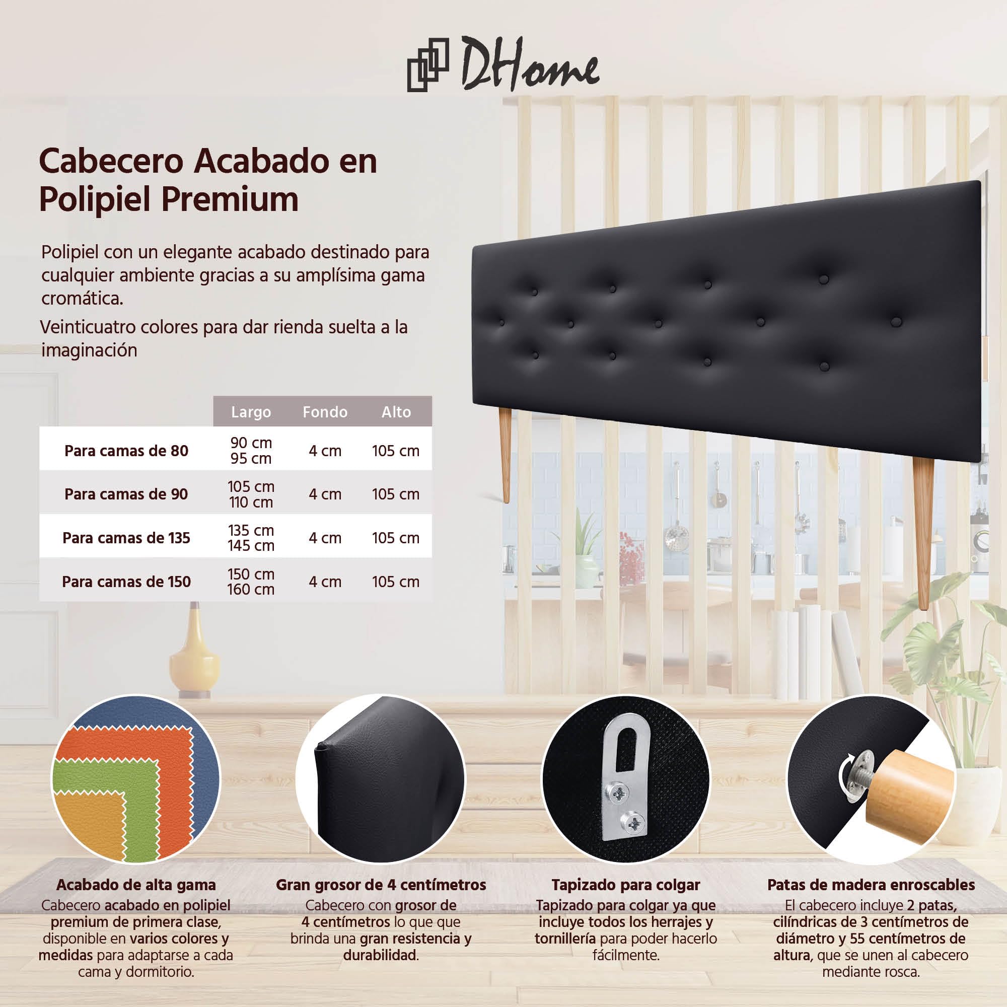DHOME Cabecero de Polipiel o Tela ACUALINE con 3 Hileras Intercaladas de Botones y Patas Cabezal Tapizado Cama Lujo (Polipiel Negro, 145cm)