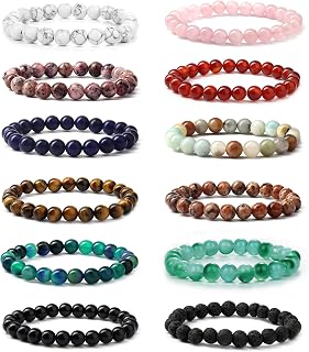 12 Pcs 8mm Beaded Bracelets for Women Men Healing Natural Stone Bracelet Semi-Precious Gemstones Bracelets Crystal Adjustable Stretch Mens Bracelets Beads Set