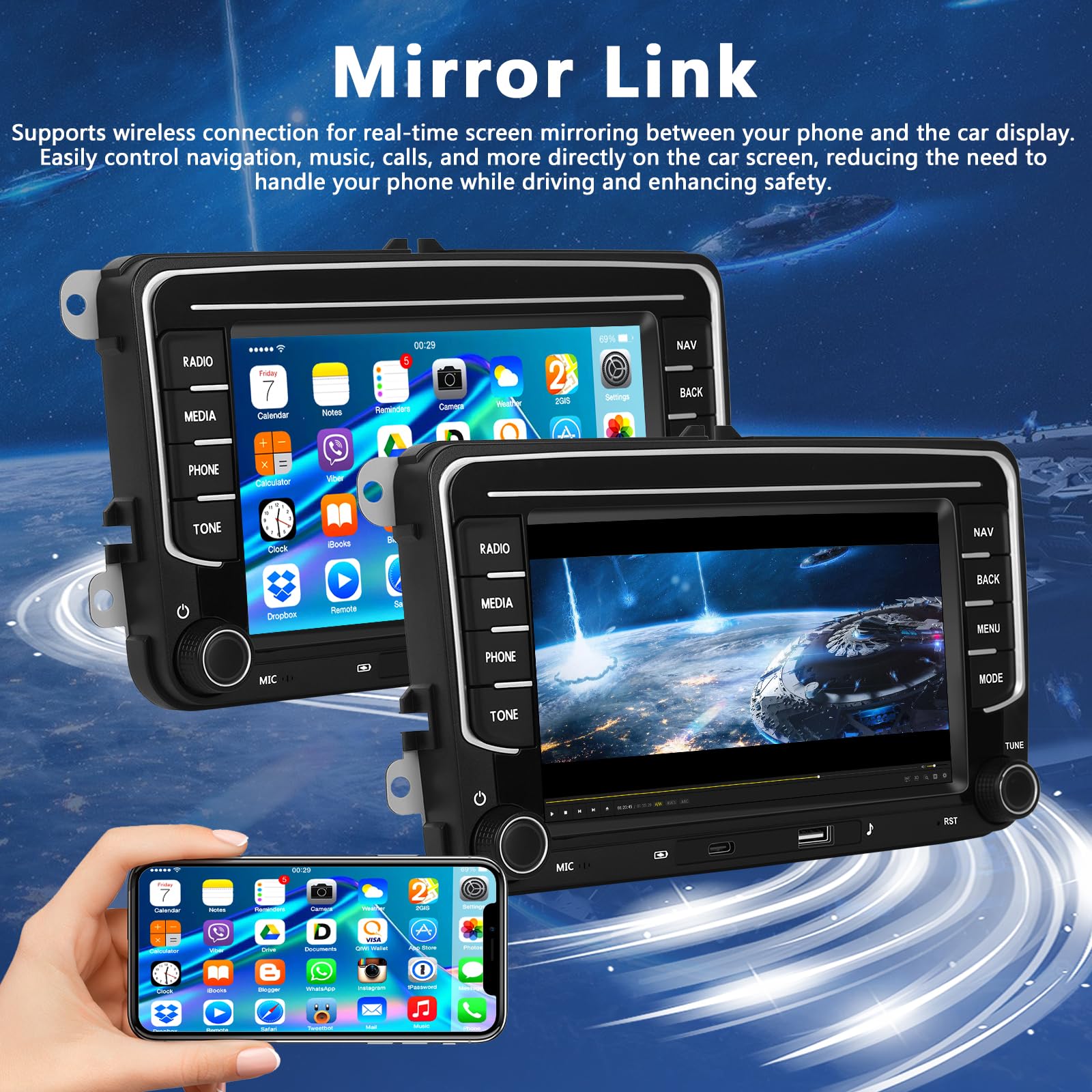 6+128G Motorsi Radio samochodowe do VW Golf 5 Tiguan Touran Passat Polo Skoda Caddy Seat z bezprzewodowym siedzeniem Carplay Android Auto 7" ekran dotykowy Navi/WiFi/FM/RDS/SWC/Canbus/Bluetooth/EQ+