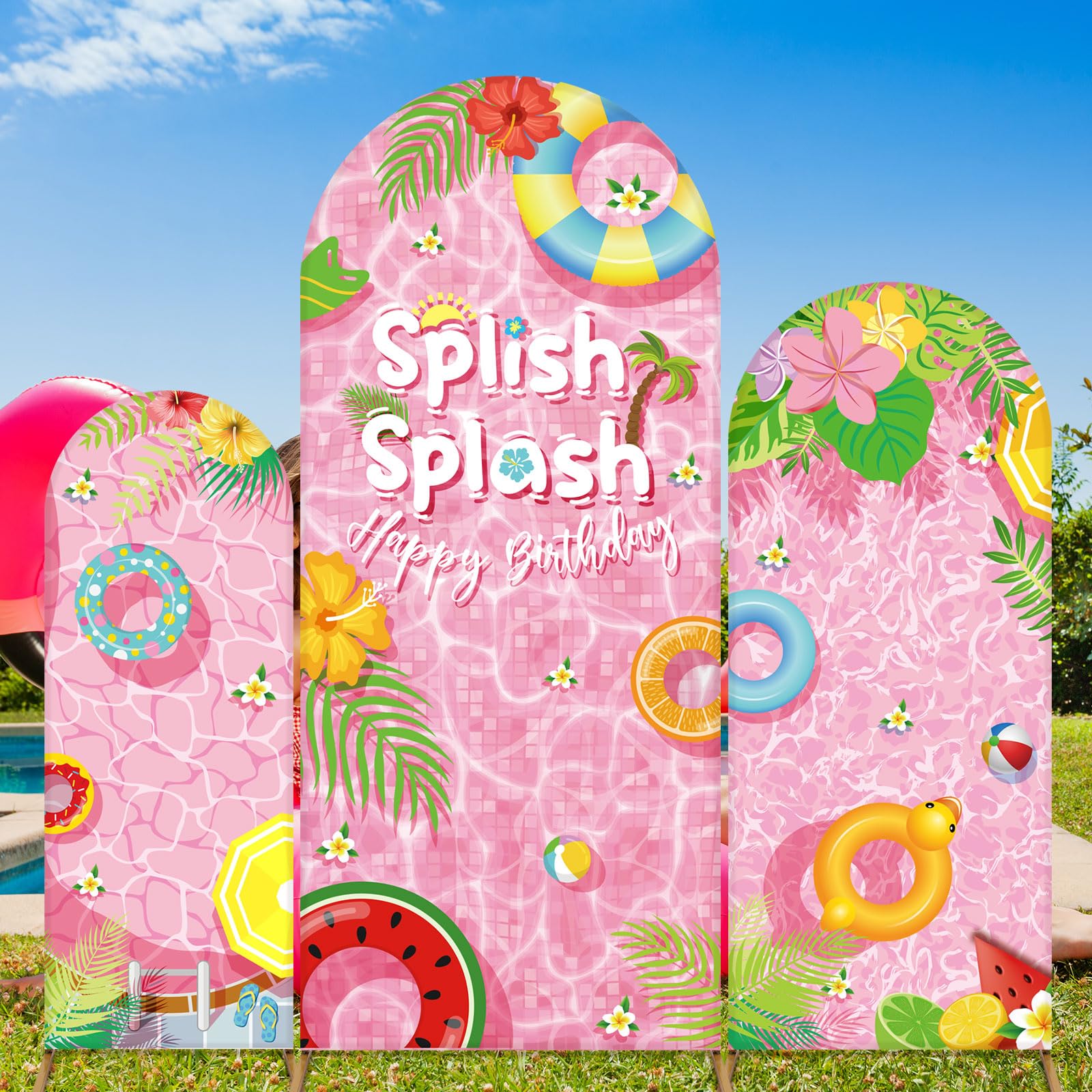 Photo 1 of Chunful 3 Pcs Splish Splash Birthday Party Decorations Summer Pool Backdrop Arch Cover Cute Happy Birthday Party Decorations for Swimming Pool Photo Background Decor 6 ft/5 ft/4 ft(Pink-Green)