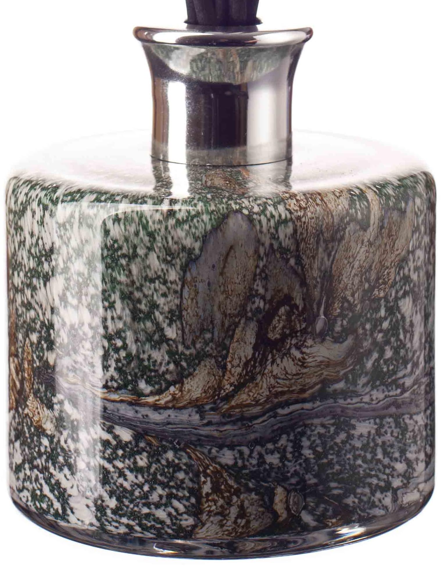 Amelia Art Glass Green/Black/Gold Mouth Blown Glass Reed Diffuser, Cylinder Shape, 11Cm Height X 11Cm Width And Marble Design (Peacock Lustre)