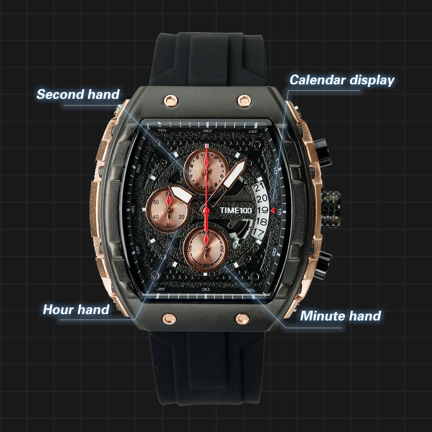 TIME100 Zegarek dla mężczyzn Chronograf Kalendarz Kwadratowa Twarz Świecący Styl Punkowy Wielofunkcyjny Pod-Tarcza Męski Szkielet Tonneau Zegarek Regulowany Silikonowy Pasek, Czarne i różowe złoto,