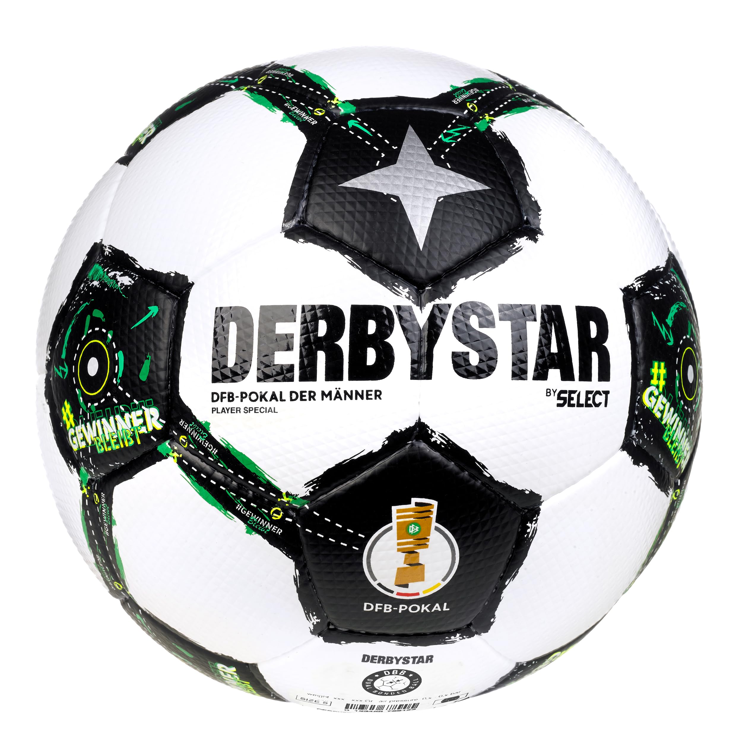 Derbystar Fußball DFB Pokal Player Special - Trainingsball Gr. 5 | Offizieller Lizenzball, 410g Gewicht, PU-Oberfläche mit Diamantstruktur, SR-Blase für Formstabilität, Schwarz-Weiß