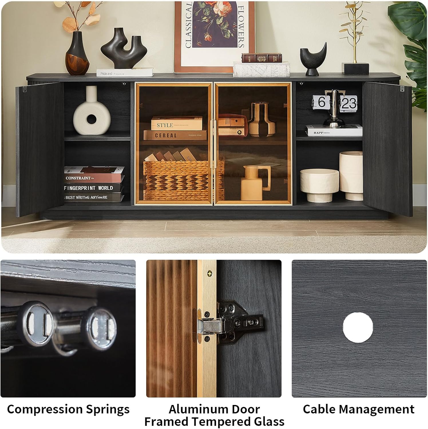 LKTART 64" Fluted TV Stand, Entertainment Center for TVs Up to 75 inches, Modern Media Console with Aluminum Door Framed Tempered Glass Cabinet for Living Room, Bedroom and Office(Black)