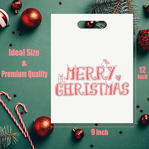 Miniatura 2 de MeFacys Bolsas de regalo de Navidad, 50 bolsas de compras de Navidad de 9 x 12 pulgadas para boutique, bolsas de plástico blanco y rojo con patrón