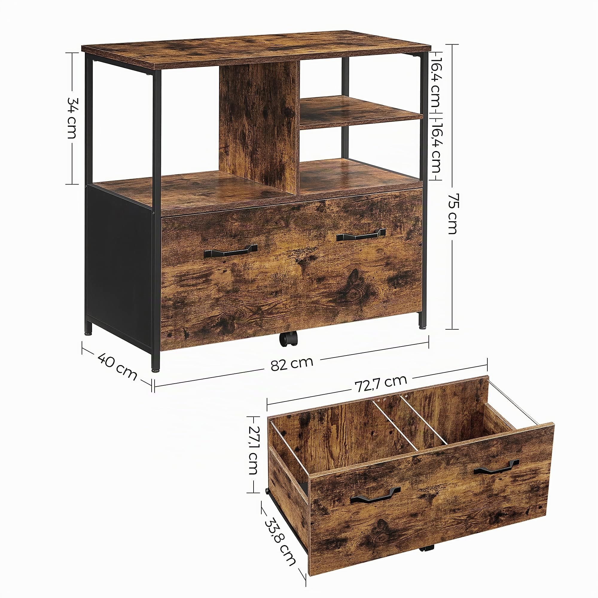 VASAGLE Caisson avec Tiroir, Meuble de Rangement Bureau, pour Format A4, Dossier Suspendu, Support pour Imprimante, Style Industriel, Marron Rustique et Noir OFC043B01
