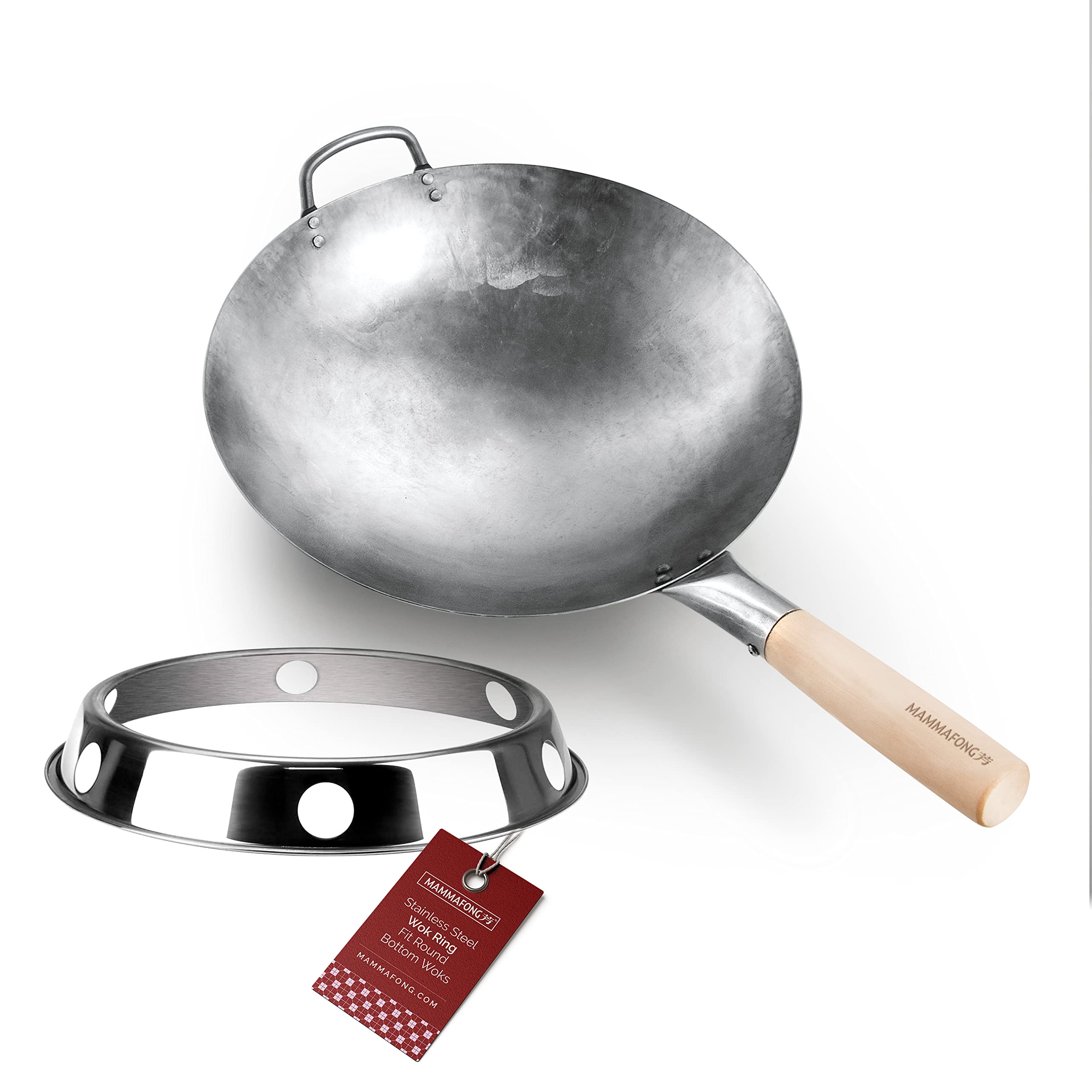Buy Mammafong Round Bottom 14inch Traditional Carbon Steel Wok Pan with wok ring Authentic