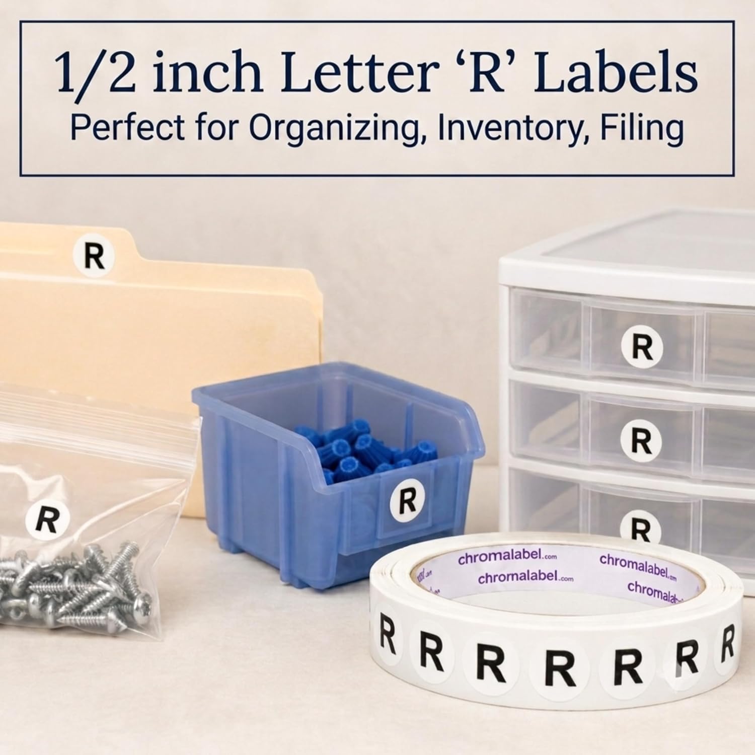 ChromaLabel Letter R Stickers, 1/2" Round Right-Side Labels, 1,000/Roll