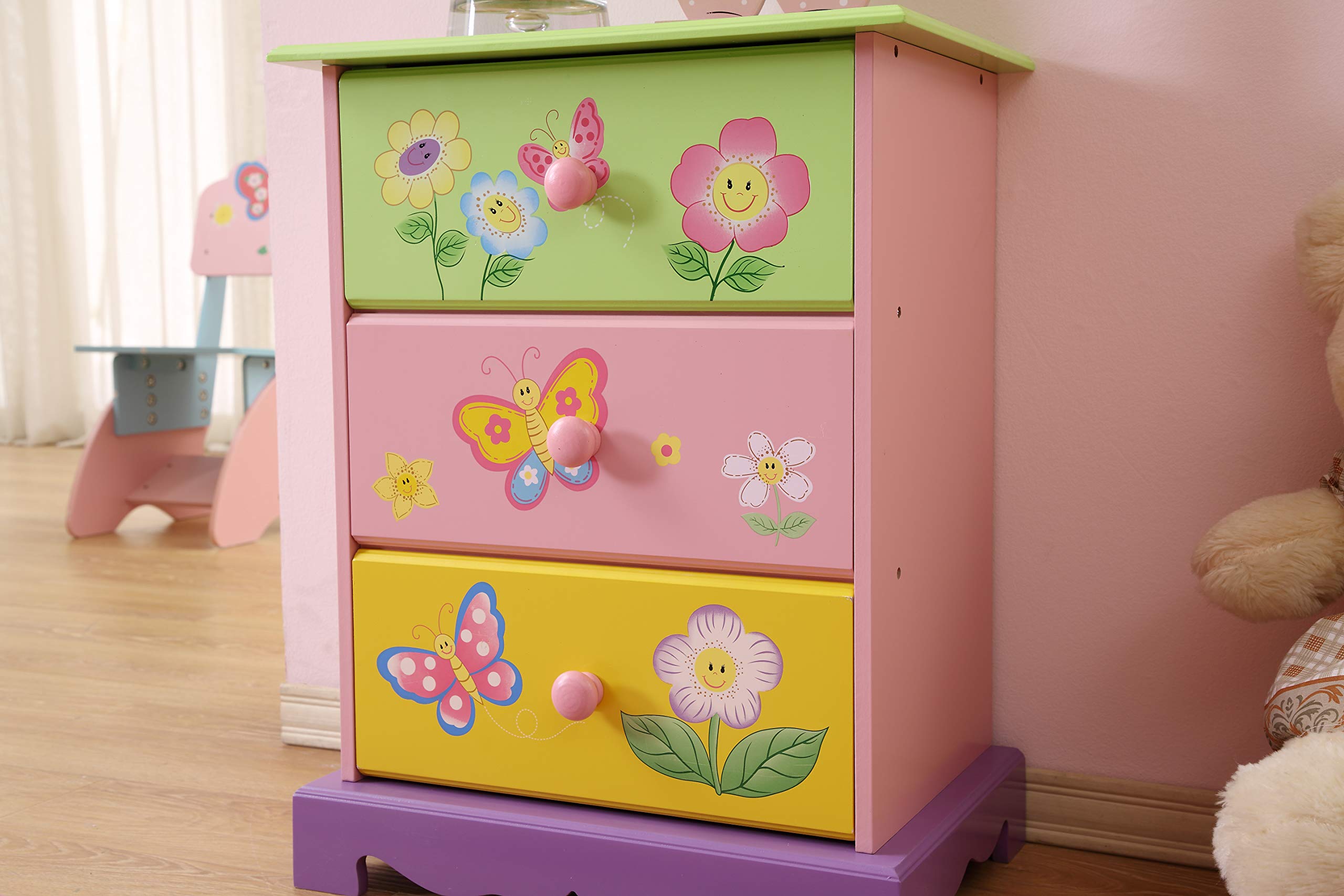 Kinder Schubladen | Mädchen Kommode Schlafzimmer | Aufbewahrungsboxen für Kinder, mit Schmetterlingsblumen-Gemälden, Rosa, Grün, Gelb, Lila (Kommode)