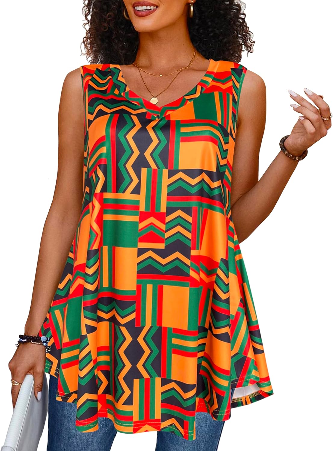 Afibi Summer Tops for Women Sleeveless V Neck Tshirt Loose Fit African Dashiki Tank Tunic Blouse - Image 3