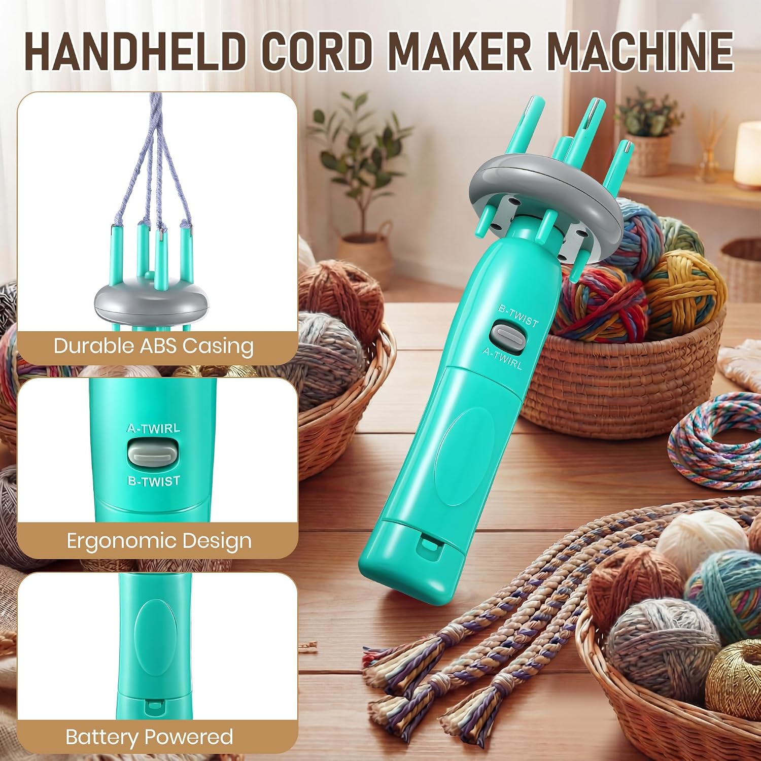 Portable Cord Maker & Fringe Twister, Handheld Yarn Crafting Tool, Green image 4