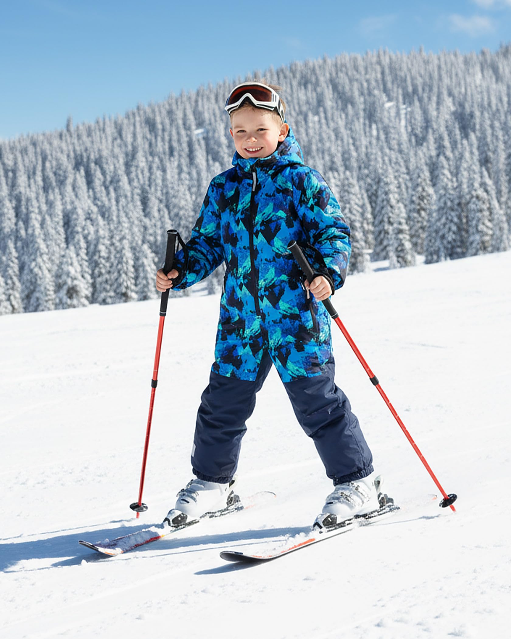Owntop Schneeanzug Kinder Unisex, Schneeoverall Mädchen Jungen, Winddicht Wasserdicht Skianzug mit Kapuze Reißverschluss (Hellblau Tarnung,104)