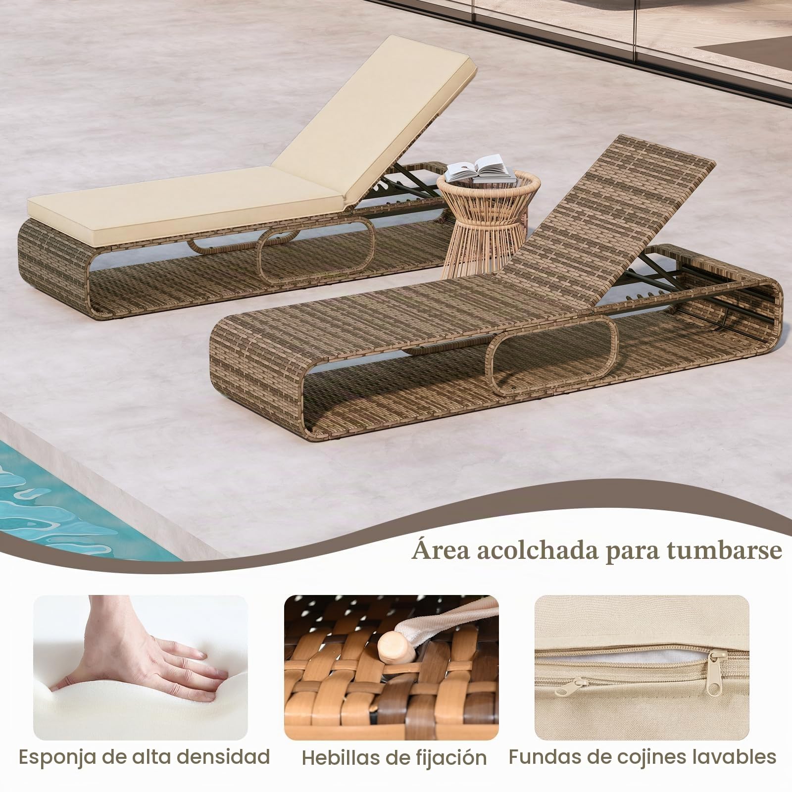 GOPLUS Conjunto de 3 piezas de Muebles, Sombrilla Paja Inclinable 2,2 M, Tumbona Jardin de Ratan Reclinable en 7 Posiciones, Base Sombrilla de HDPE para Mástiles de 33/39/48/55 mm (1, amarillo, Ratán)