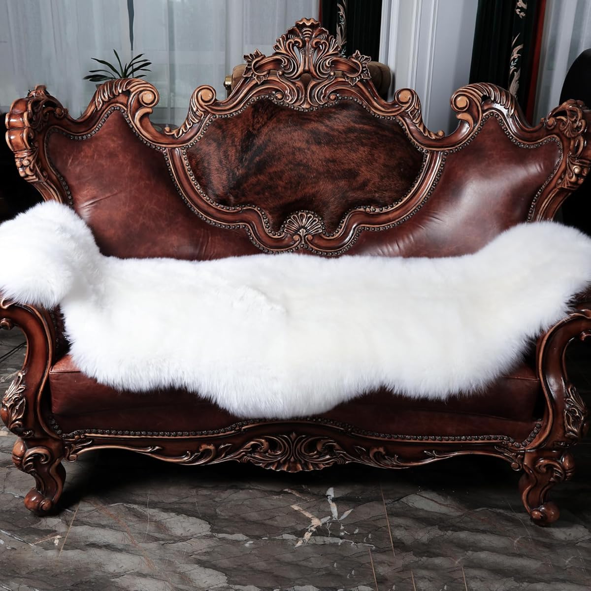 Genuine Sheepskin Rug with Little Patches, Real Shaggy Fur Wool Sheep Skin Throw Pad for Bedroom Living Room Floor, Pray Pup Mat, Chair Sofa Seat Cover, Double Pelt Ivory White