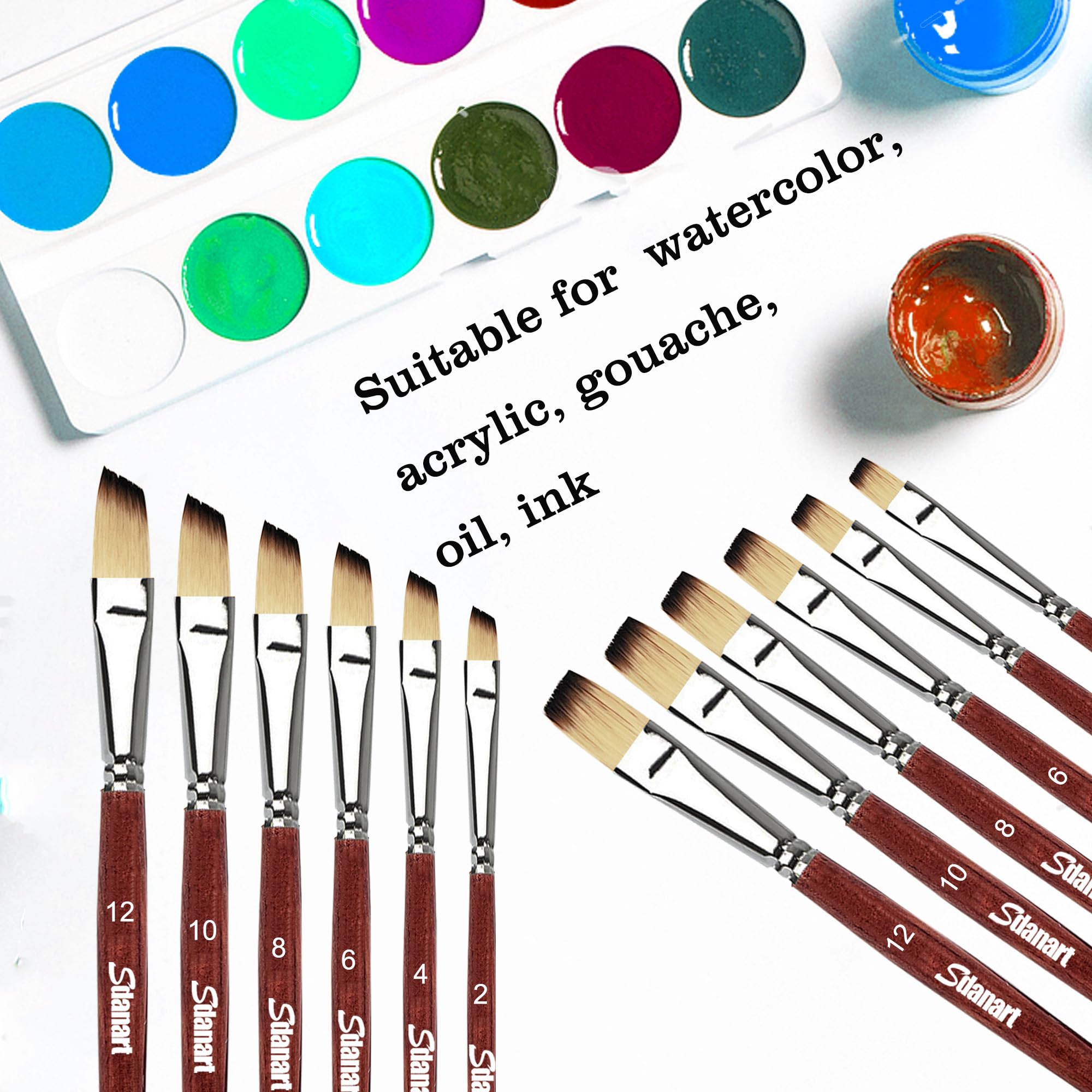 Sdanart 12 pinceles de acuarela profesionales, 6 pinceles planos y 6 pinceles en ángulo para acuarelas, acrílicos, óleo, gouache, tinta, pinceles de diferentes tamaños, perfectos para artistas y