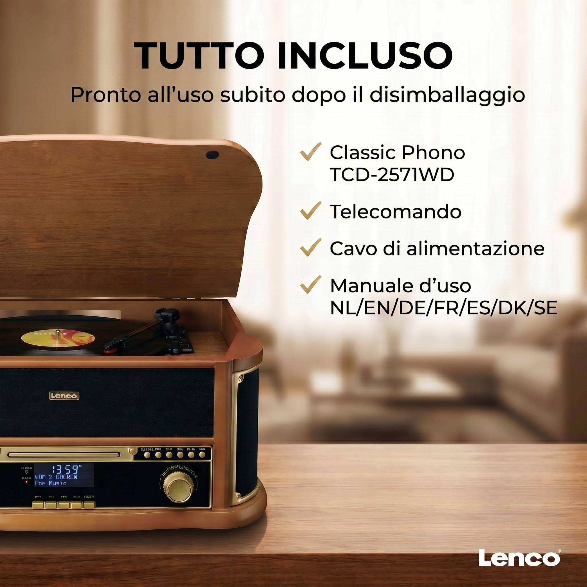 Lenco TCD-2571 Giradischi, Giradischi Vinili - Bluetooth - altoparlante, radio DAB+, lettore CD, 3 velocità, trasmissione a cinghia, 2 x 5 Watt, legno