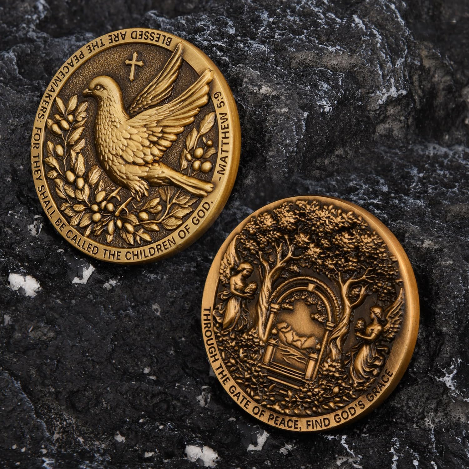 Christian Peace Medallion with Dove and Angels – Inspirational Religious Gift with Bible Verse Matthew 5:9 and Graceful Design