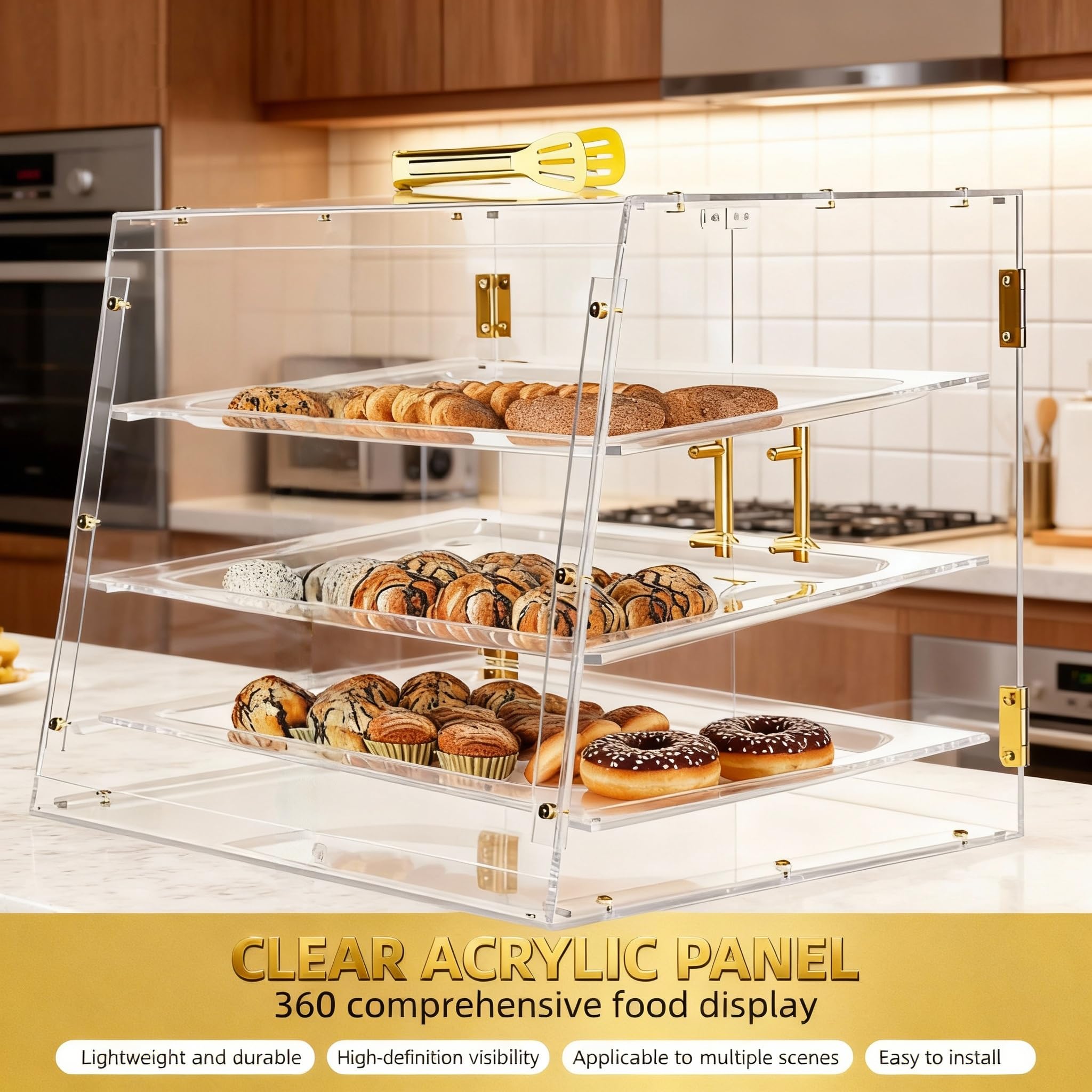 Acryvic - Vetrinetta per pasticceria con 3 vassoi, vetrina da banco commerciale con porte magnetiche, 53 cm x 43 cm x 42,5 cm, vetrina per dolci e cibo per vendita al dettaglio di hamburger, ciambelle