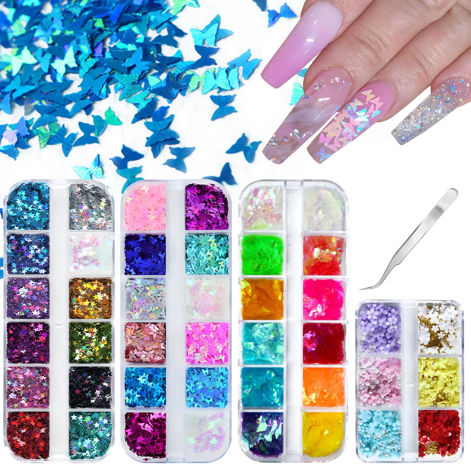 Lifextol 36 Grids Nail Glitter for Nails Art Decoration Kit&6 Grids Flower Nail Charms and Gems for Press Nail Design, Butterfly Chunky Glitter Flakes Star Nail Sequins Holographic Nail Foil Glitter