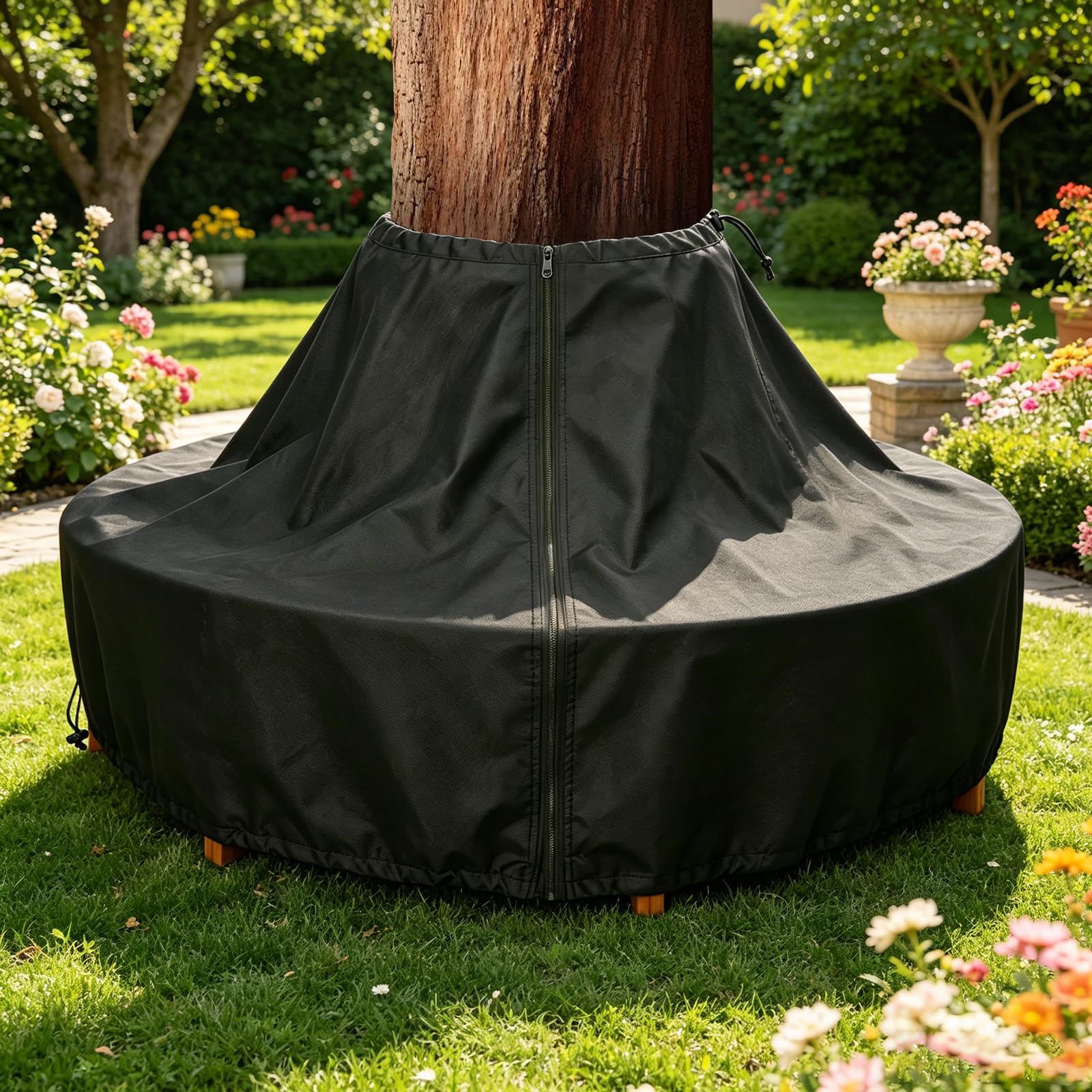 Baumbank Abdeckung Wasserdicht, Schutzhülle Baumbank mit Kordelzug, Abdeckplane Baumbank Winddicht, UV-Beständiges - With Klettverschluss，Abdeckhaube für Baumbank 420D Oxford (Schwarz, 175cm)
