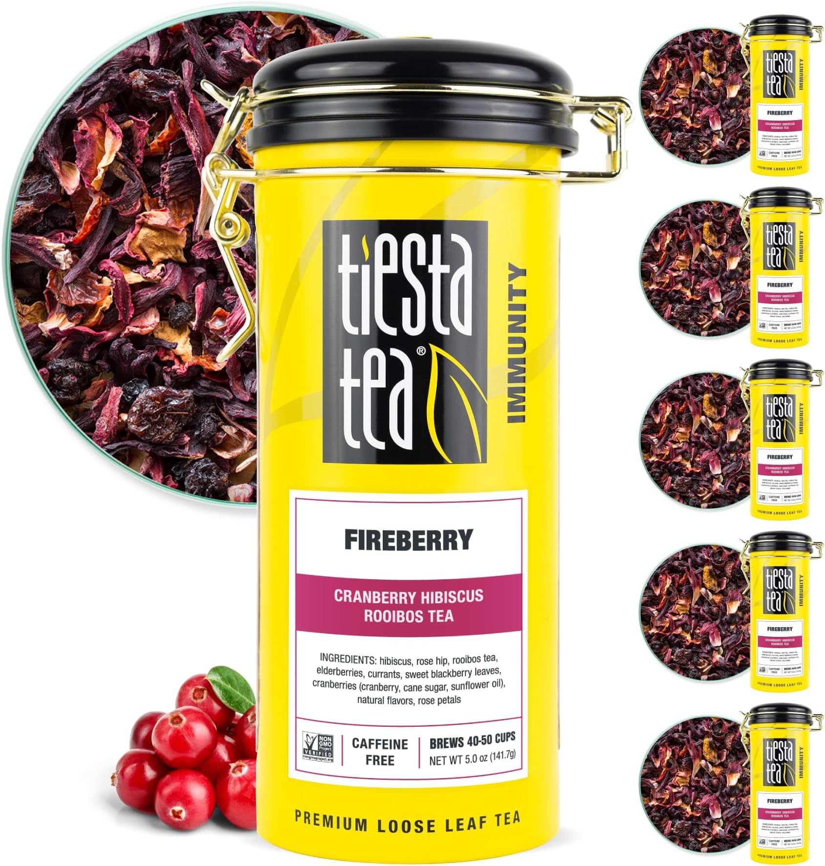 Tiesta Tea - Fireberry Cranberry Hibiscus Rooibos Tea | Loose Leaf | Premium Non-Caffeinated Rooibos Blend | Make Hot or Iced & Brews Up to 50 Cups | 30oz Refillable Tin, Pack of 6