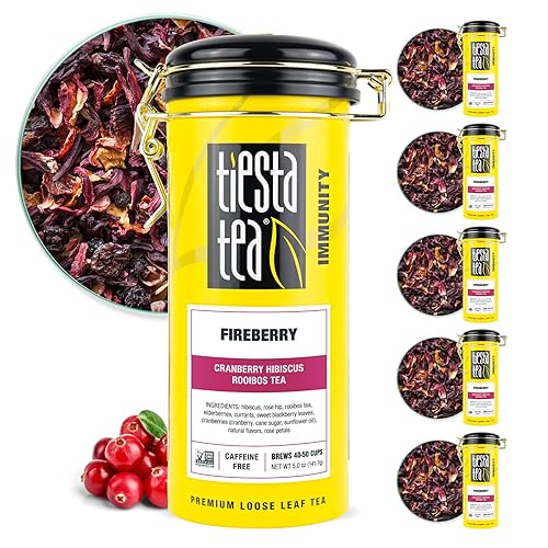 Tiesta Tea - Fireberry té de arándano de hojas sueltas Hibiscus Rooibos sin cafeína té caliente y helado lata de 5 oz - 50 tazas sabor natural té de