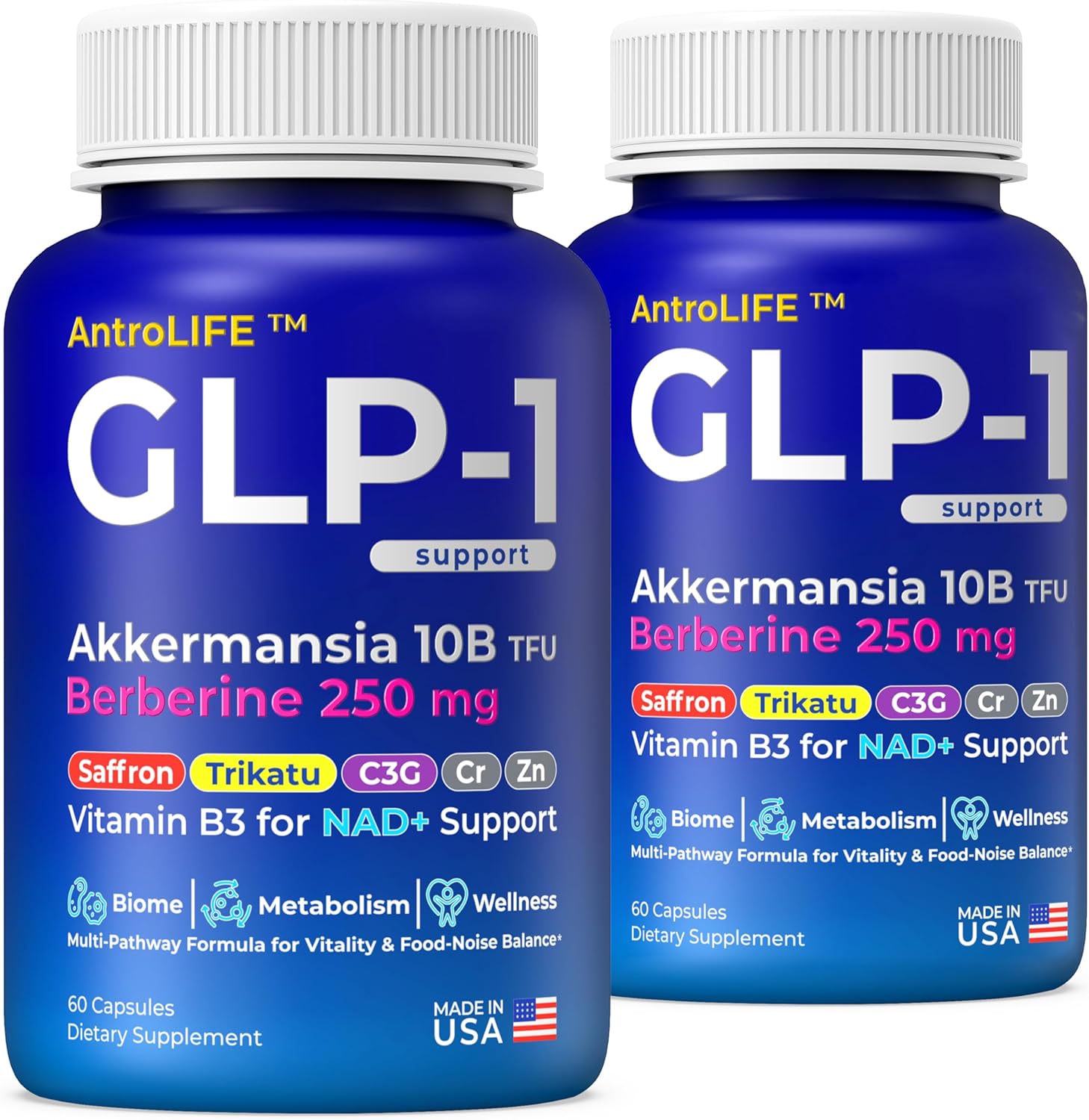ANTROLIFE GLP-1 Supplement - Akkermansia Muciniphila + Berberine HCl + Saffron | Inulin-Free for Gut & Metabolic Support | NAD+ Cofactors, Trikatu | Stimulant-Free 5-Module System | 2 Pack