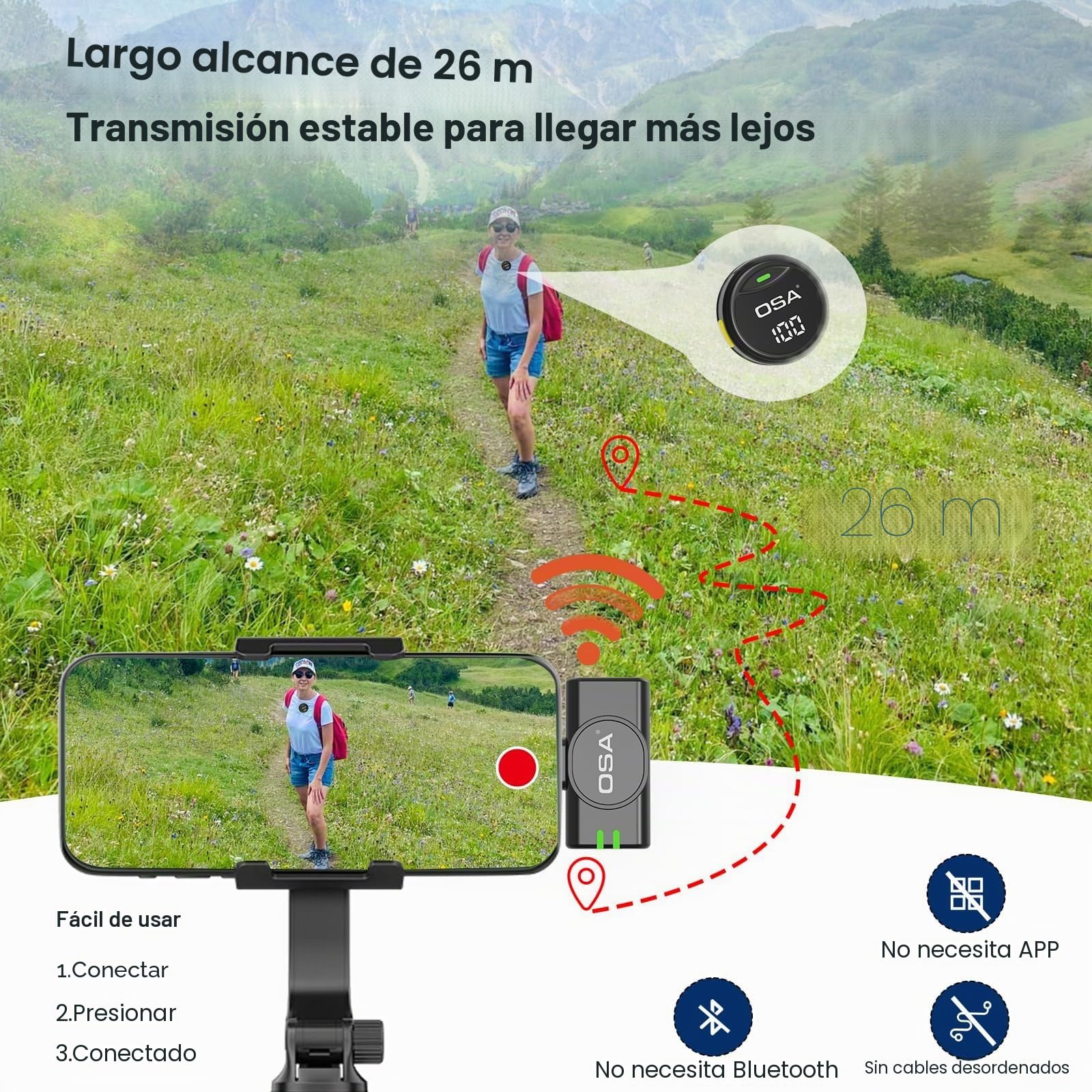 OSA Micrófono inalámbrico para iPhone, cámara Android, Mini micrófono con reducción de Ruido, microfono inalambrico Solapa para iPhone 15/16, grabación de Video, Vlog, Tk, Estuche de Carga de 40 H
