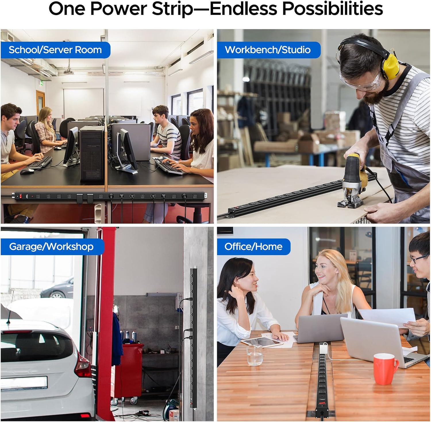 CRST 16-Outlet Long Power Strip, 15FT 1800J Heavy Duty Surge Protector with Wide-Spaced Outlets,15A Overload Protection, ETL Listed, Wall Mountable Metal Industrial Power Strip for Garage Workshop