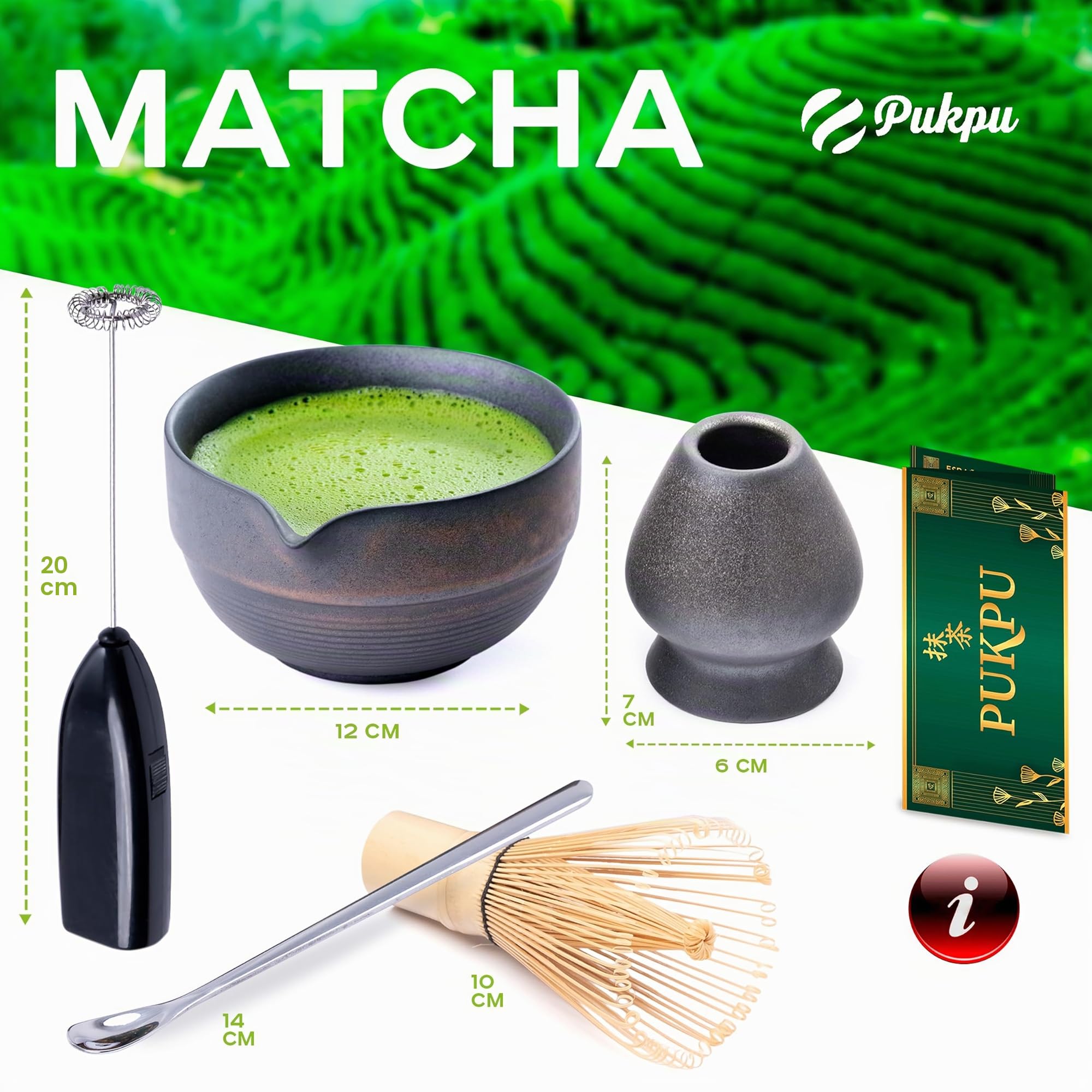 PUKPU Kit Matcha con Polvere – Set Matcha con Frusta Elettrica, Chasen Bambù, Cucchiaio Acciaio, Ciotola, Supporto Chasen & Cofanetto Regalo