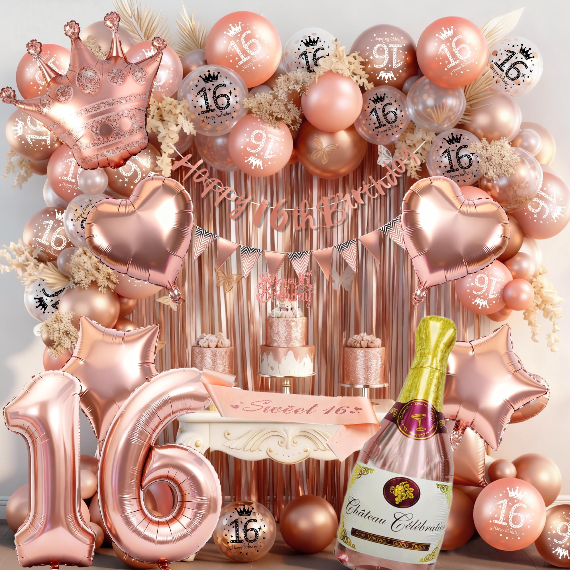 Sweet 16th Birthday Decorations, Rose Gold Birthday Balloons, Girl Party Decorations Set With 16th Banner, Champagne Balloon, Triangle Flag Banner