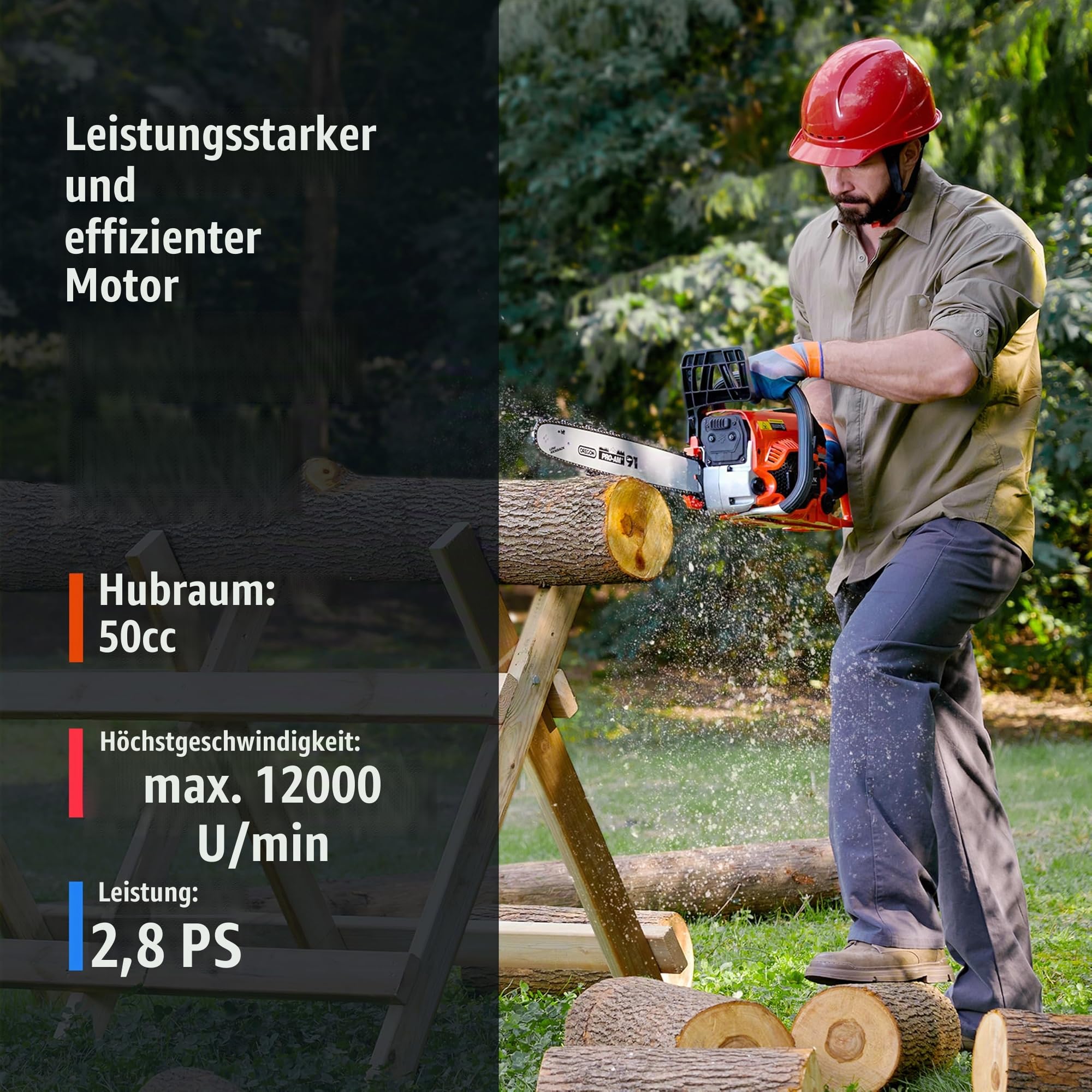 NovorikX Benzin-Kettensäge 50CC (50cm³ Hubraum) 20" (50.8cm) Schnittlänge, 2,1kW Motorleistung, 12000rpm, GS-geprüft, 600ml Tank | für Brennholz, Baumschnitt & Gartenpflege inkl. Oregon Schwert-Set