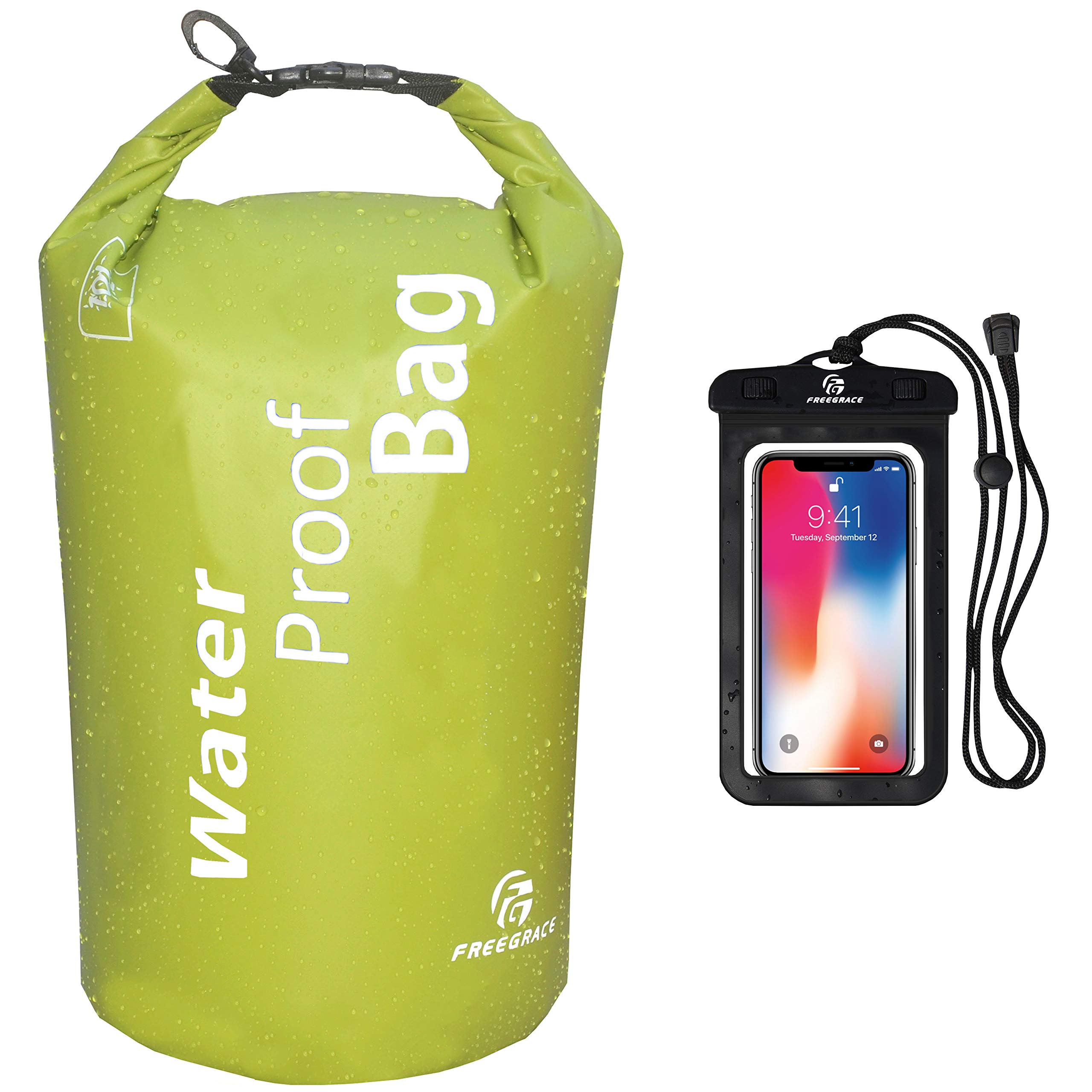 Freegrace Waterproof Dry Bag - Lightweight Dry Sack with Seals and Waterproof Case -Float on Water -Keeps Gear Dry for Kayaking, Beach, Rafting, Boating, Hiking, Camping and Fishing (2L, Green)