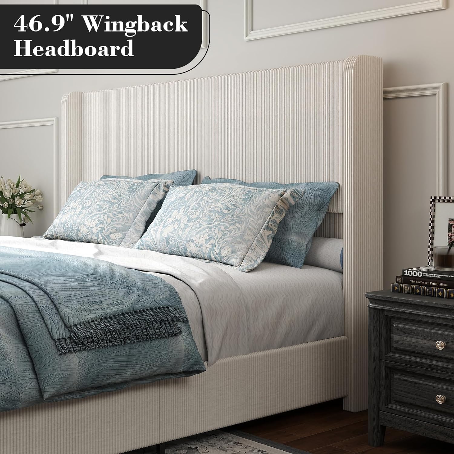 King Size Upholstered Bed Frame, Soft Corduroy Platform Bed with 47" Luxury Wingback Headboard, Heavy Duty Metal Frame, No Box Spring Needed, Easy Assembly, Noise Free, Cream