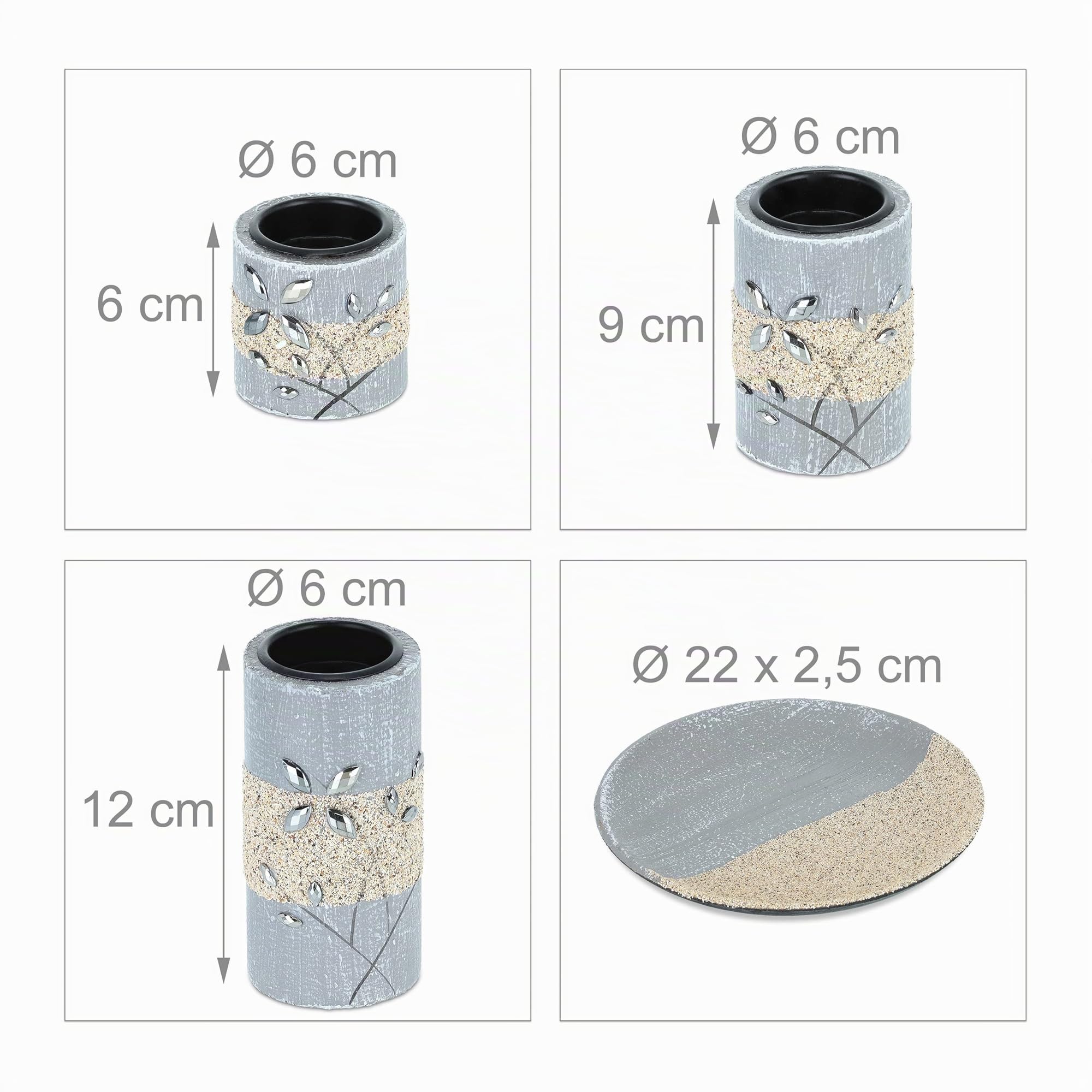 Relaxdays Portacandele, Vassoio e Vasetti, Centrotavola Rotondo, 3 Candeline, D22 cm, MDF, Effetto Pietra, Grigio Sabbia