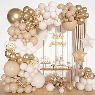 Ouddy Life 98Pcs Neutral White Sand Balloons Garland Arch Kit, Metallic Gold Nude Confetti Star Foil Balloon for Sand Champagne Engagement Boho Wedding Baby Bridal Shower Birthday Party Decorations