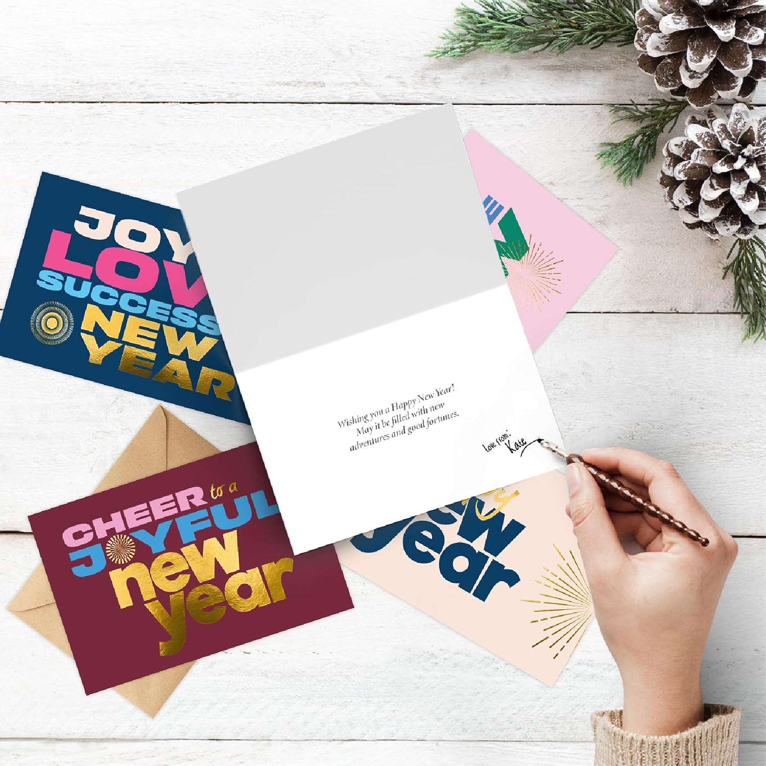 easykart labels 100 Happy New Year Cards Boxed Set With Envelopes and Gold Seal Stickers - 6.75" x 4.5" Assorted New Years Greeting Card Set 2024 With Messages Inside