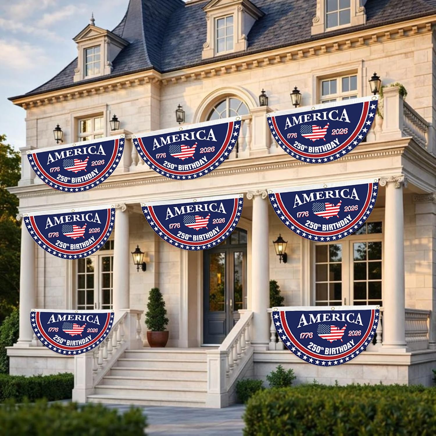 WENWELL 250 Year Anniversary Patriotic Fan Bunting Banner 1776–2026, USA Map Flag Design with Stars, 3x6 FT Large Outdoor Decoration, Brass Grommets, 2 Pack