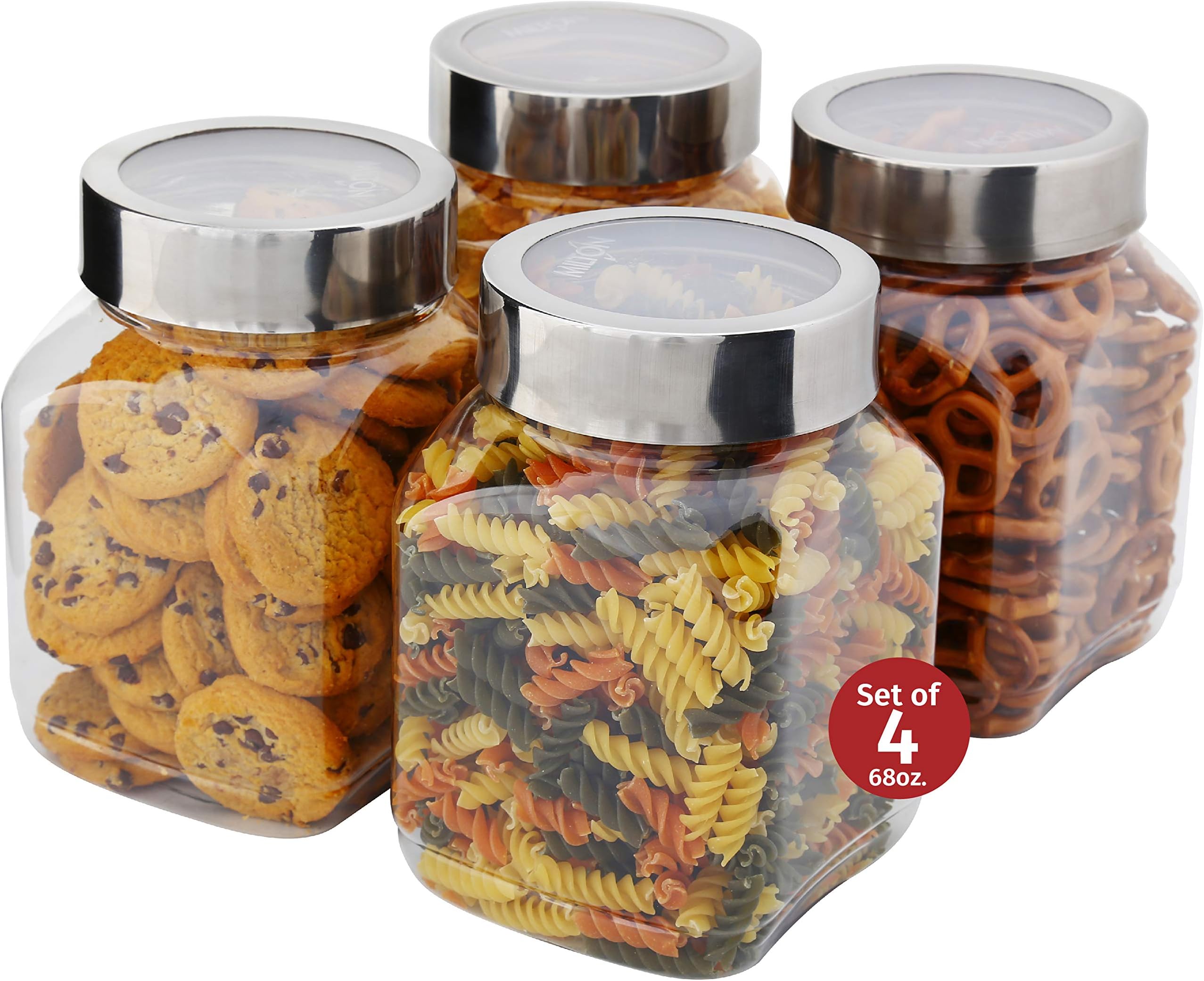 MILTON Plastic Storage Jars With Lids; Food Storage Containers 4 Pack 67 oz. Clear Square Lightweight PET Canisters;Wide-Mouth, Airtight Lids Caps; Large Big Clear Empty Multi-Purpose Jars BPA Free
